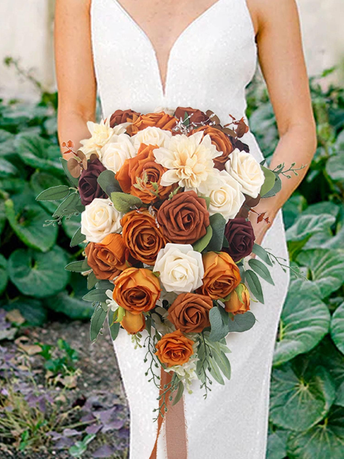 13.3 inch wide Terracotta Cascading Bridal Bouquet - Rinlong Flower