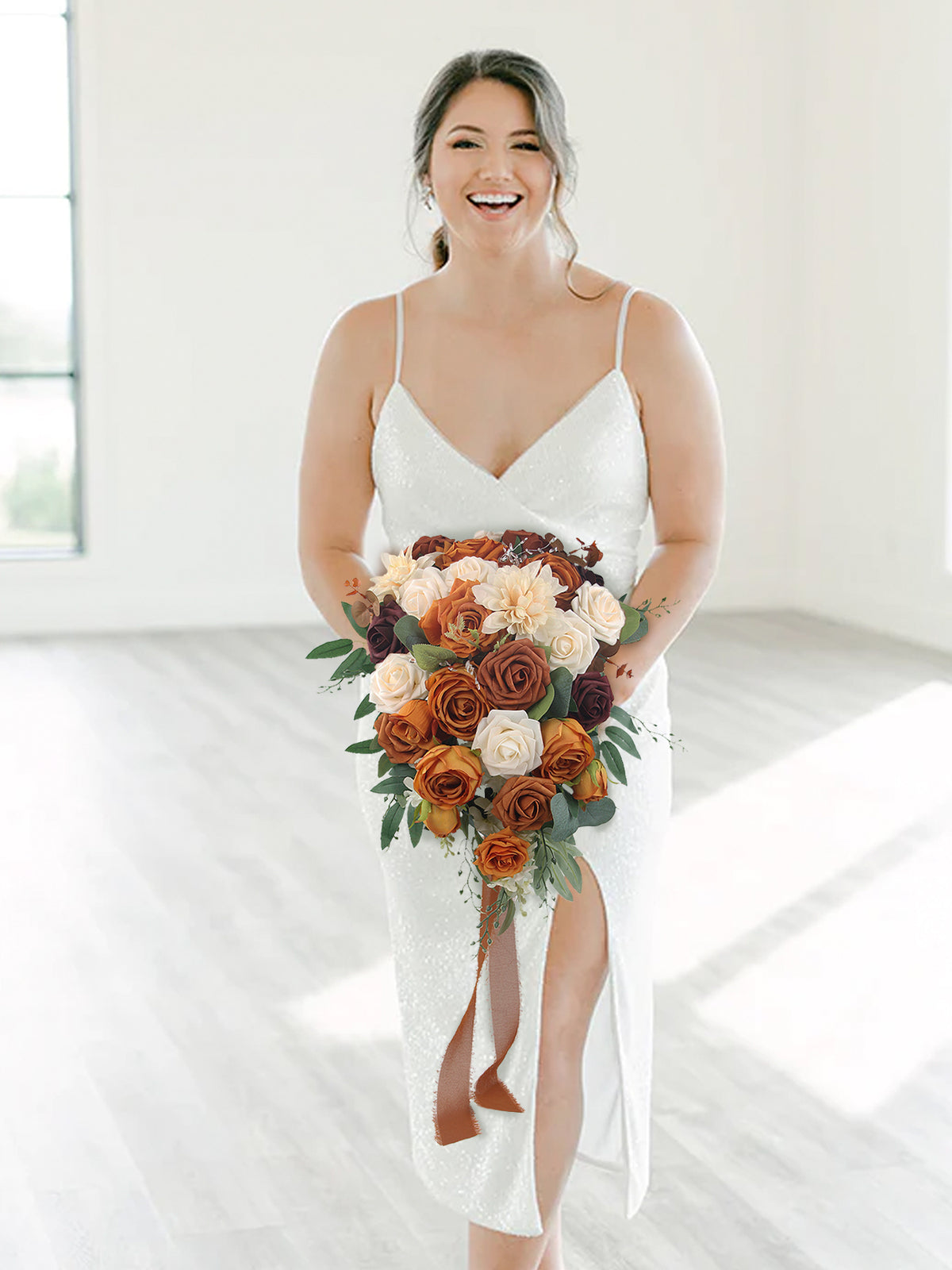 13.3 inch wide Terracotta Cascading Bridal Bouquet - Rinlong Flower