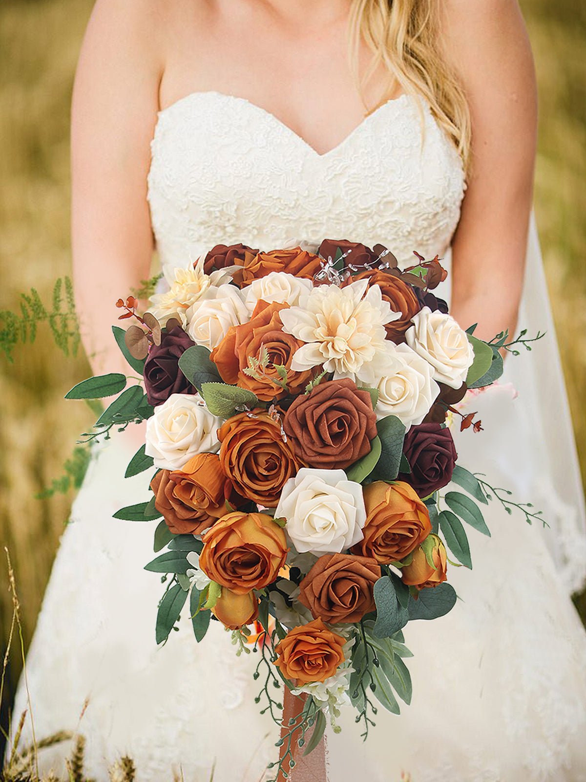 13.3 inch wide Terracotta Cascading Bridal Bouquet - Rinlong Flower