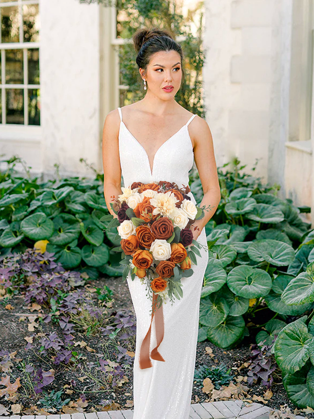 13.3 inch wide Terracotta Cascading Bridal Bouquet - Rinlong Flower