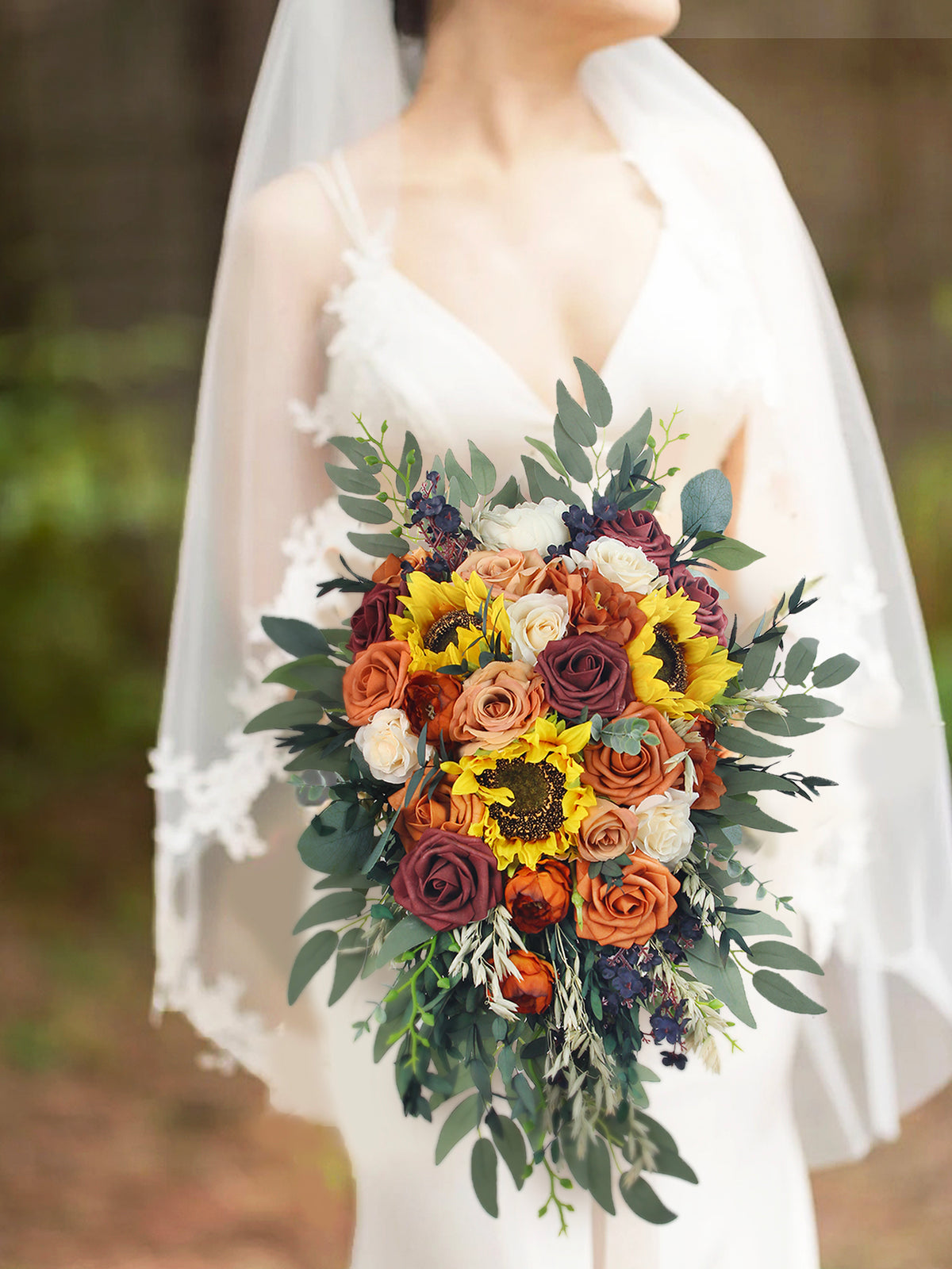 13 inch wide Sunflowers Terracotta Cascading Bridal Bouquet - Rinlong Flower
