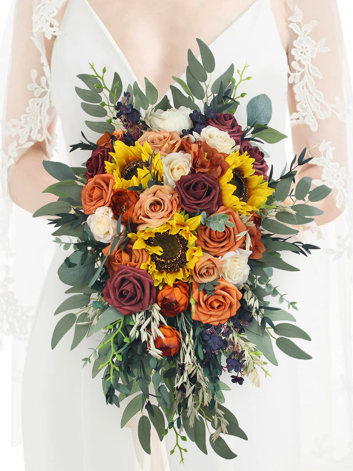 13 inch wide Sunflowers Terracotta Cascading Bridal Bouquet - Rinlong Flower