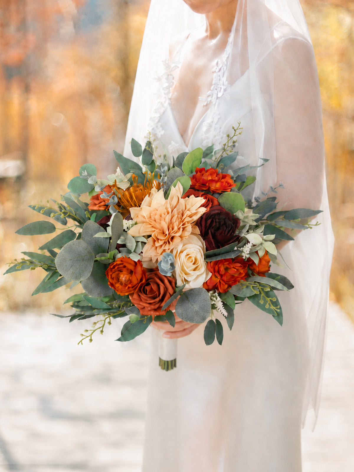 13 inch wide Burnt Orange & Sage Bridal Bouquet - Rinlong Flower