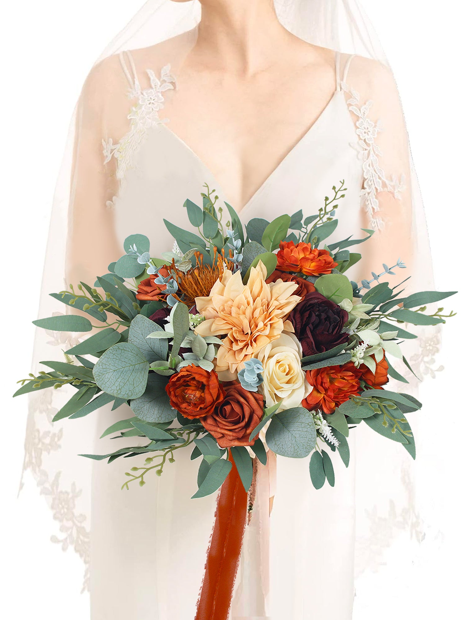 13 inch wide Burnt Orange & Sage Bridal Bouquet