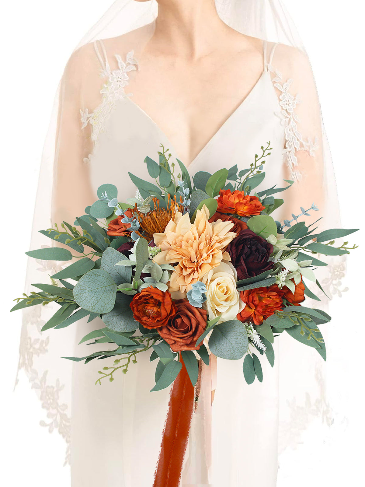 13 inch wide Burnt Orange & Sage Bridal Bouquet - Rinlong Flower