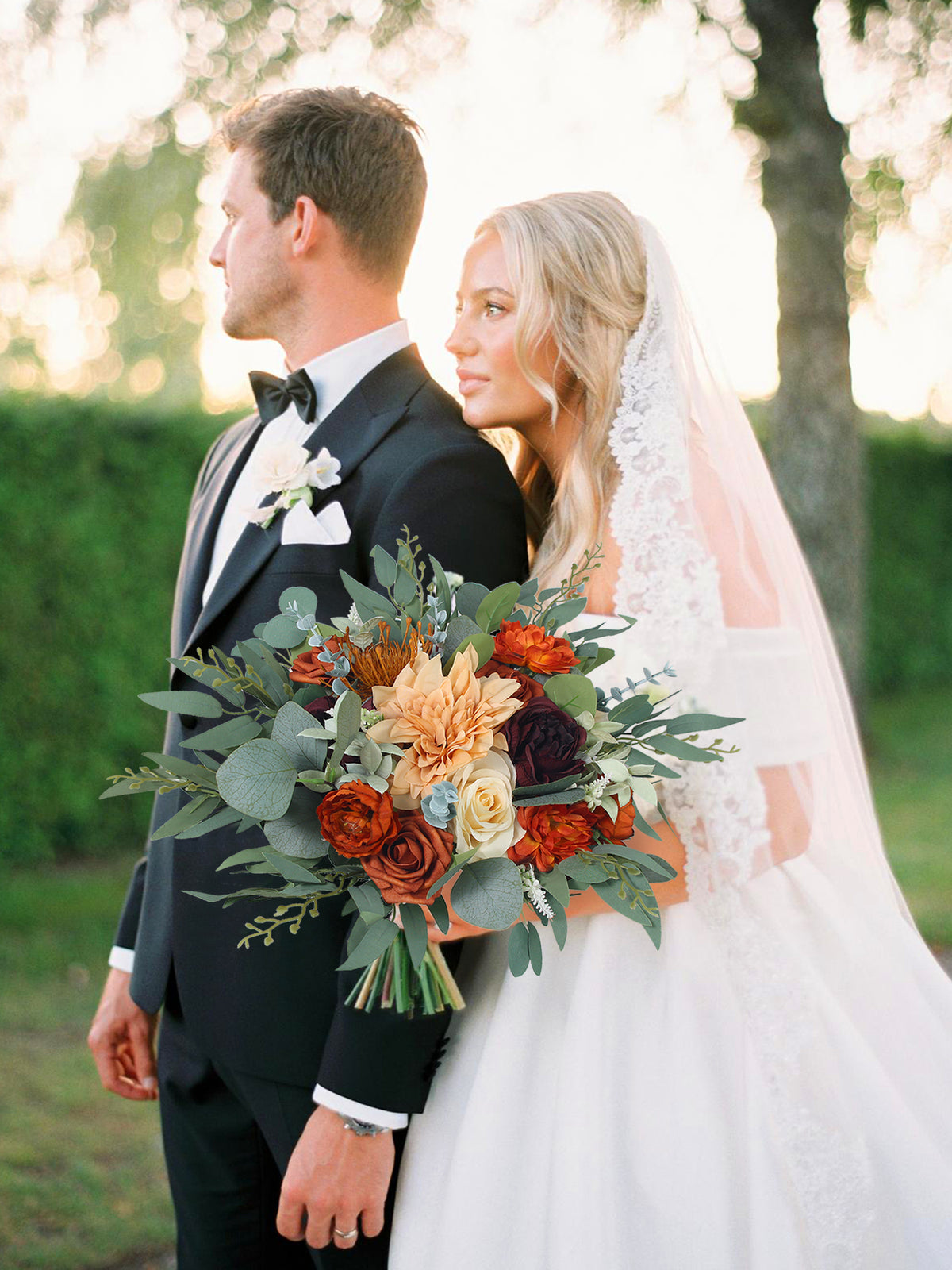 13 inch wide Burnt Orange & Sage Bridal Bouquet - Rinlong Flower