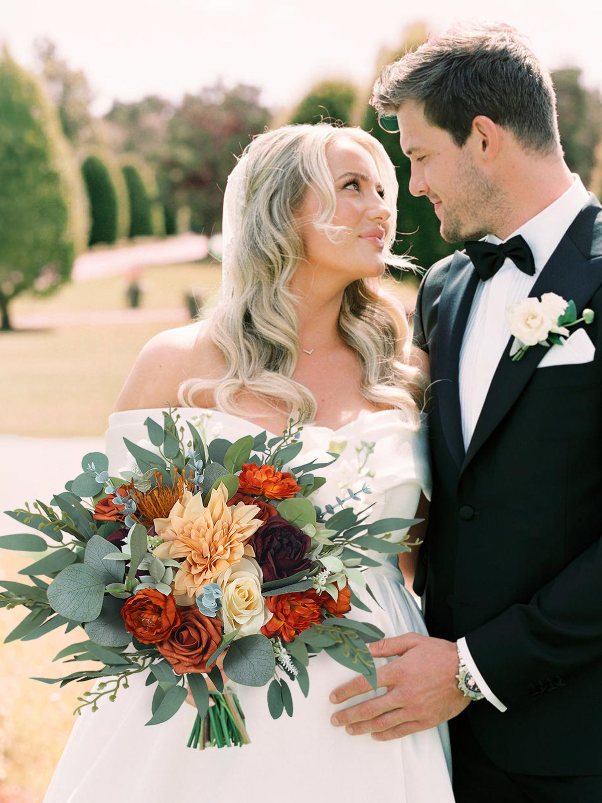 13 inch wide Burnt Orange & Sage Bridal Bouquet - Rinlong Flower