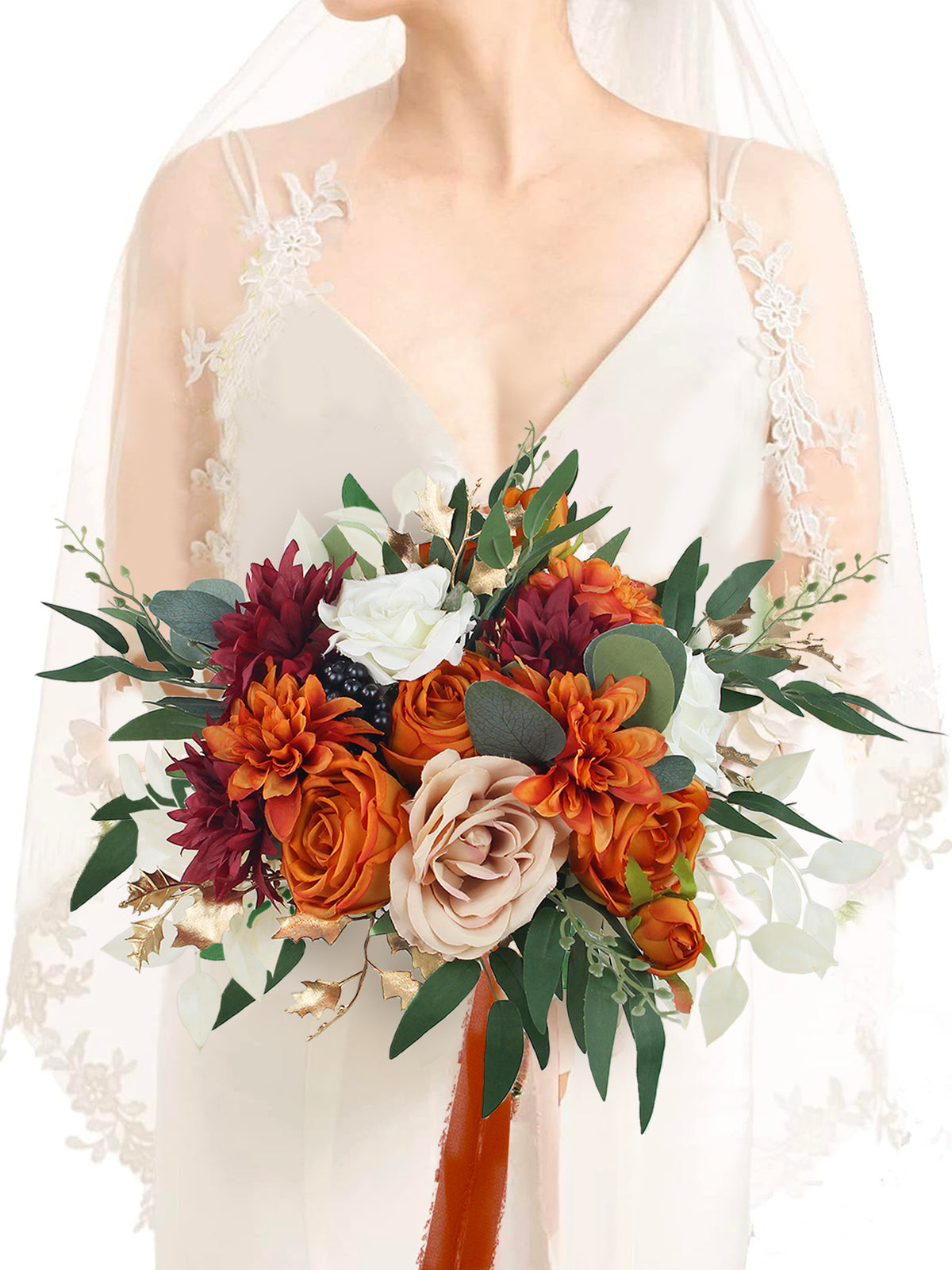 12.5 inch wide Burnt Orange Bridal Bouquet - Rinlong Flower