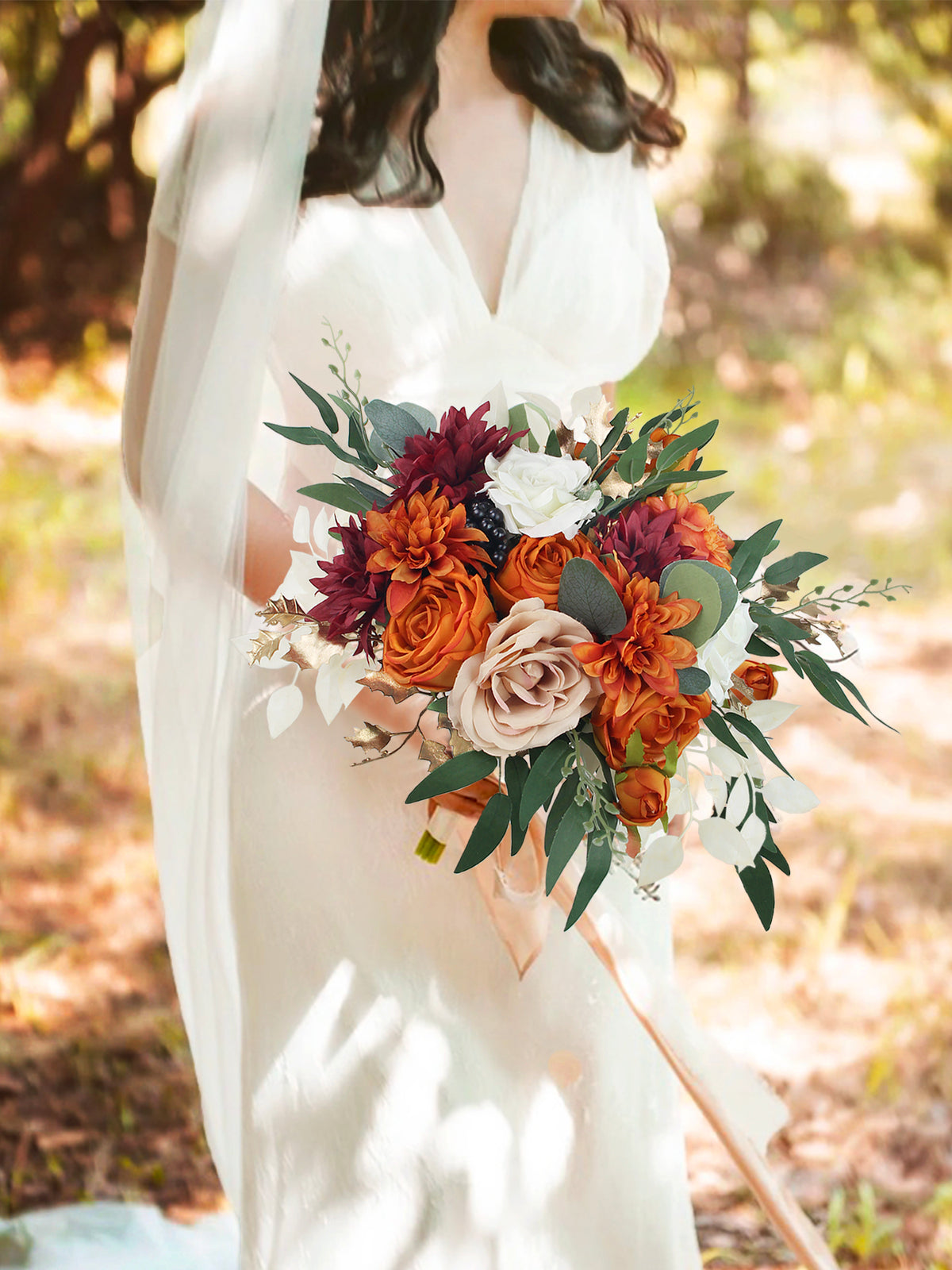 12.5 inch wide Burnt Orange Bridal Bouquet - Rinlong Flower