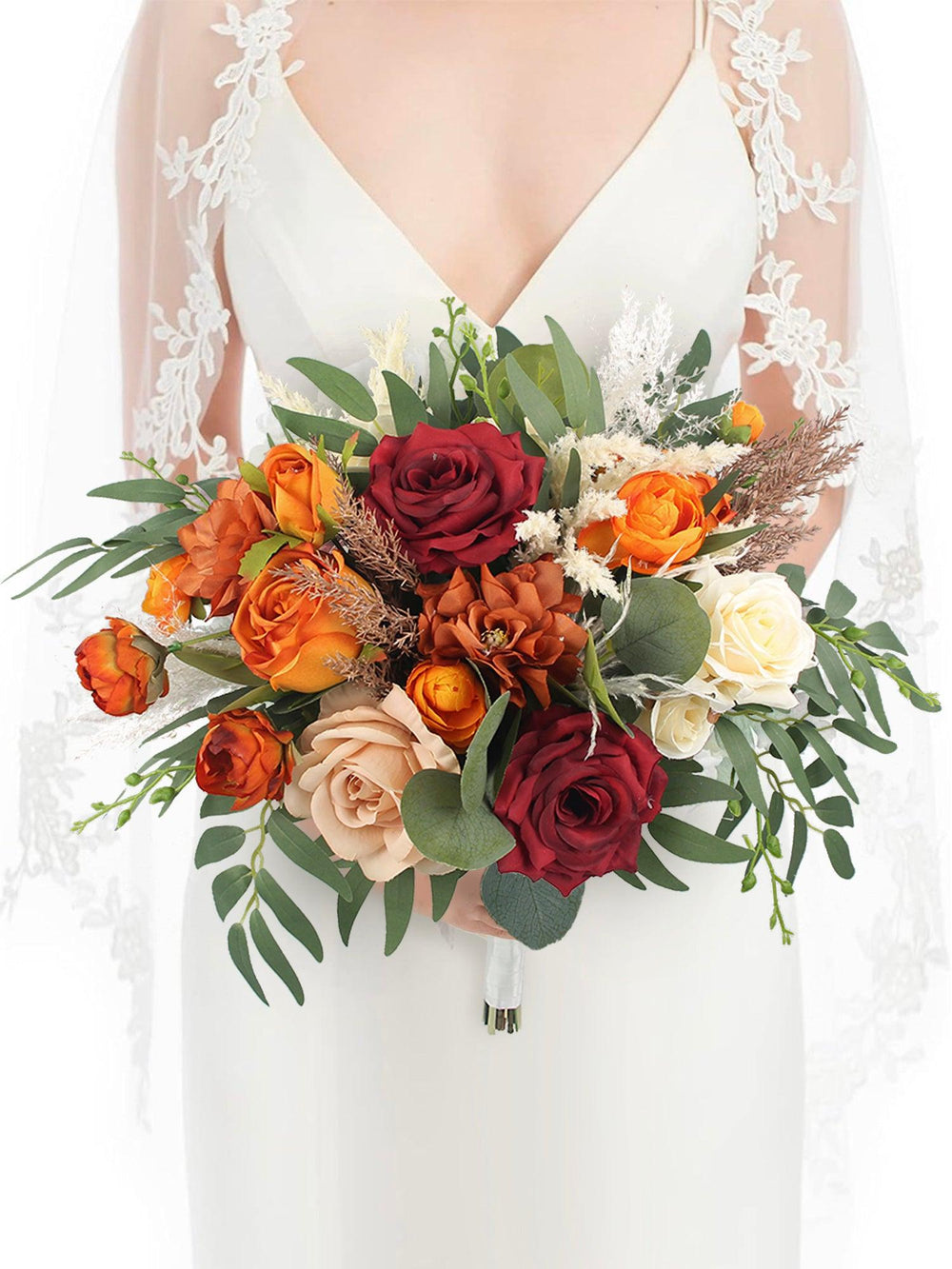16 inch wide Burgundy & Burnt Orange Bridal Bouquet - Rinlong Flower