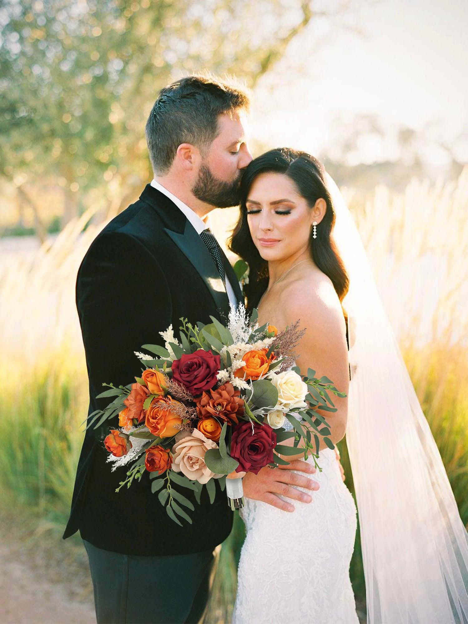 16 inch wide Burgundy & Burnt Orange Bridal Bouquet - Rinlong Flower