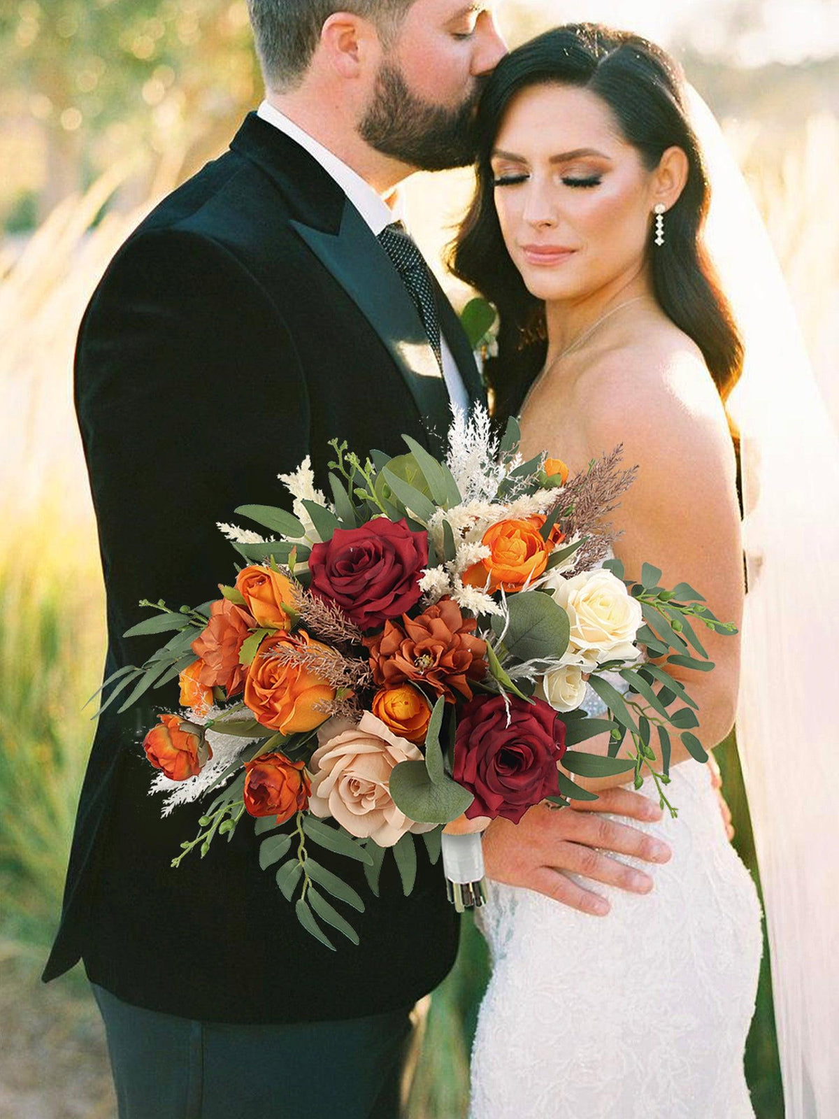 16 inch wide Burgundy & Burnt Orange Bridal Bouquet - Rinlong Flower