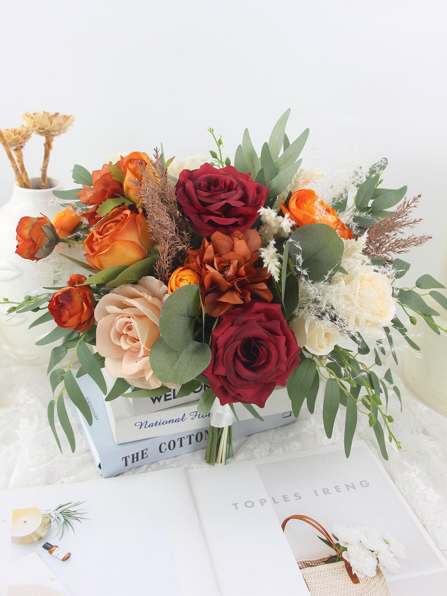 16 inch wide Burgundy & Burnt Orange Bridal Bouquet