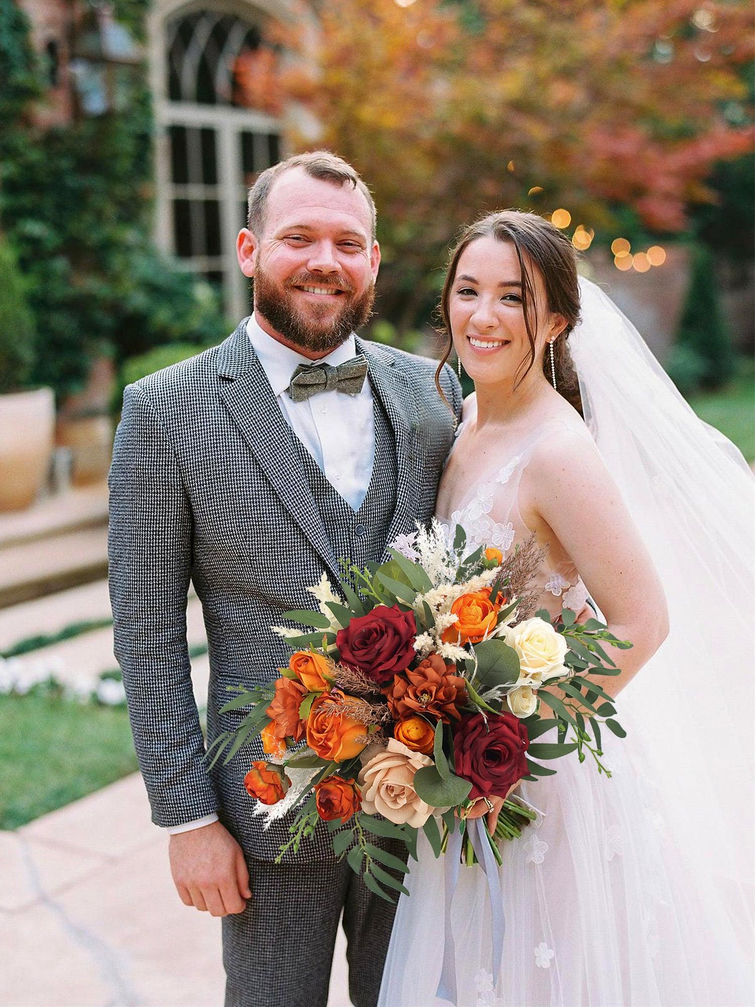 16 inch wide Burgundy & Burnt Orange Bridal Bouquet - Rinlong Flower