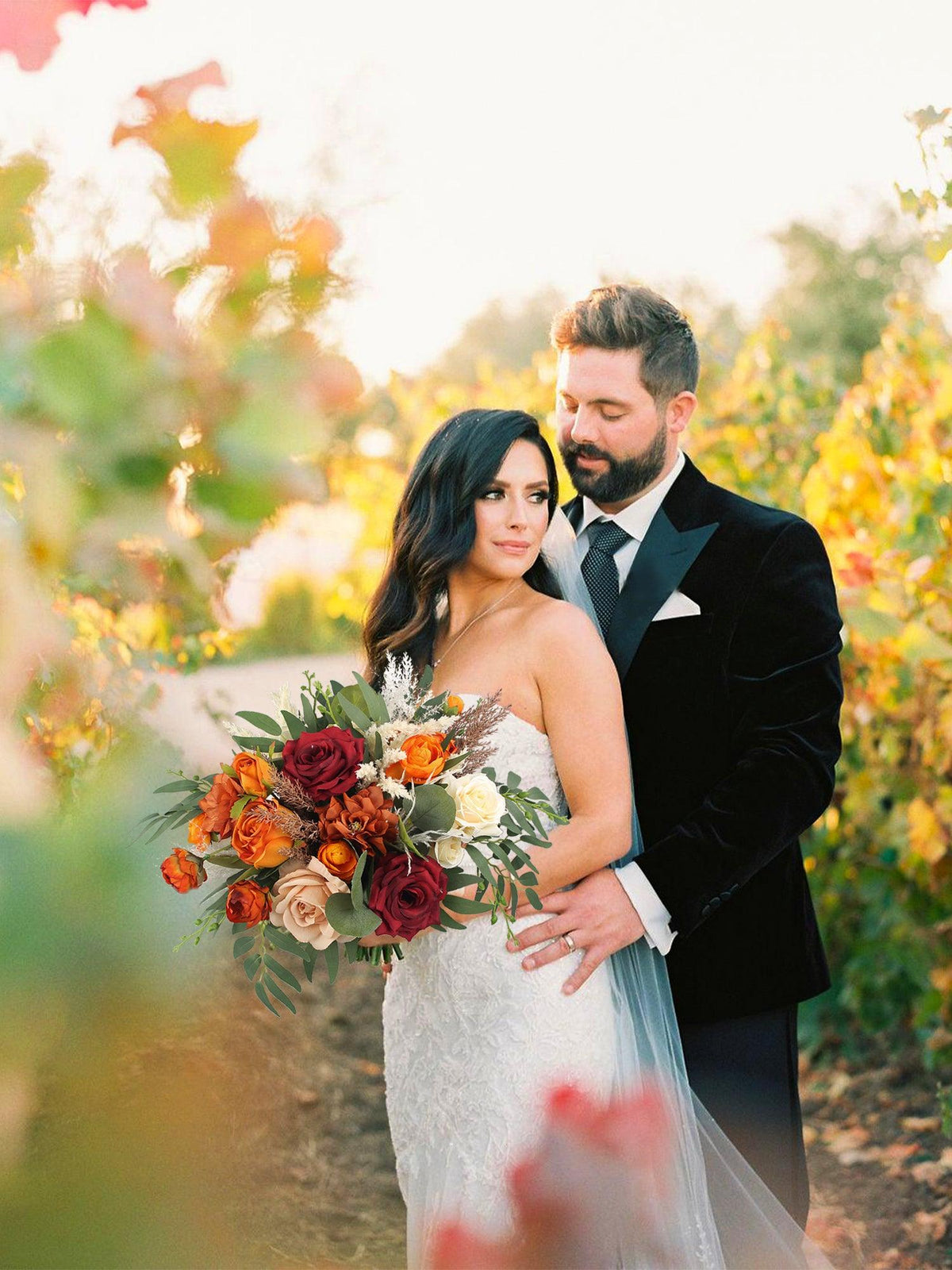 16 inch wide Burgundy & Burnt Orange Bridal Bouquet - Rinlong Flower