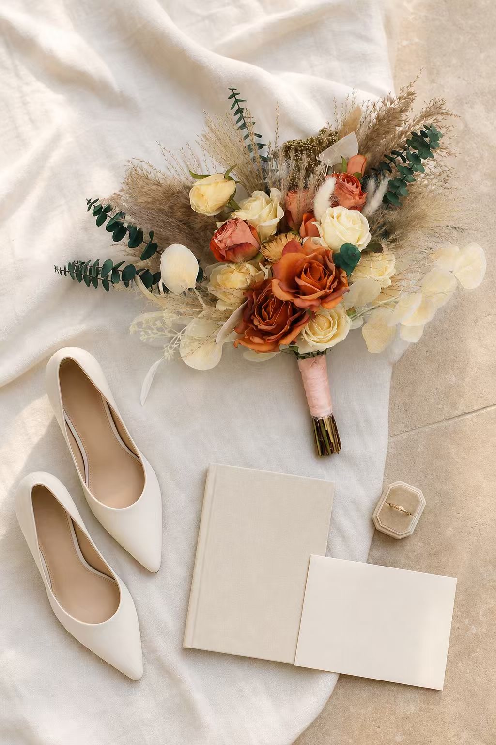 15.7 inch wide Terracotta Beige Freeform Bridal Bouquet - Rinlong Flower