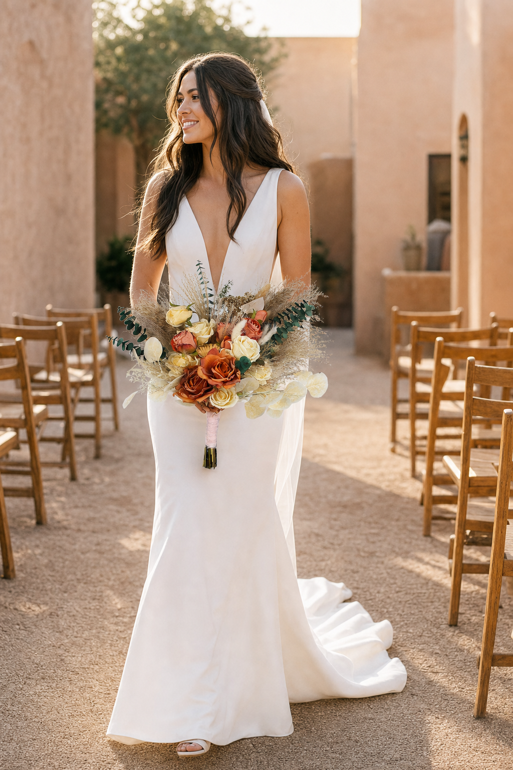 15.7 inch wide Terracotta Beige Freeform Bridal Bouquet - Rinlong Flower