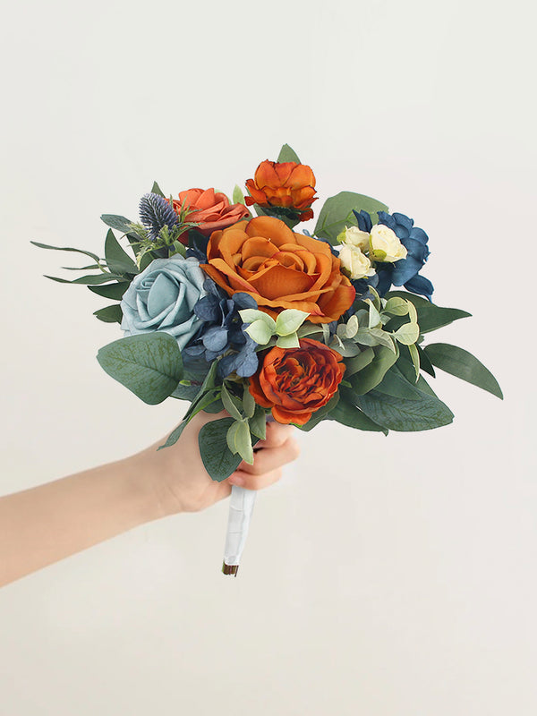 9.4 inch wide Navy Blue & Burnt Orange Bridesmaid Bouquet - Rinlong Flower