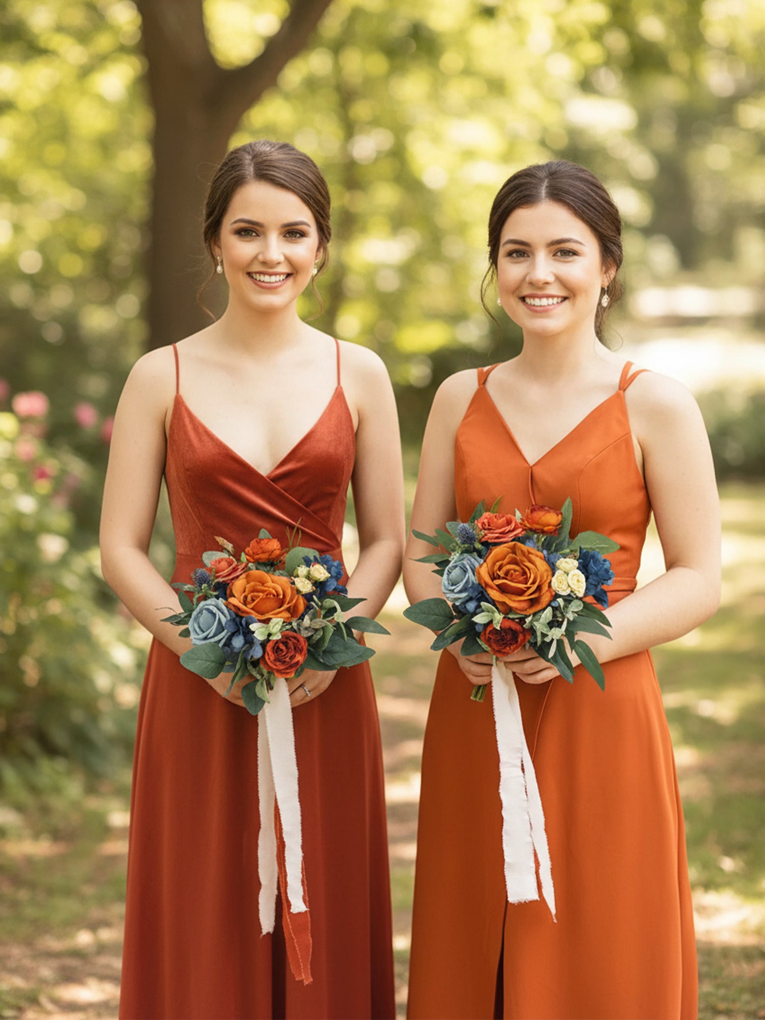 9.4 inch wide Navy Blue & Burnt Orange Bridesmaid Bouquet - Rinlong Flower