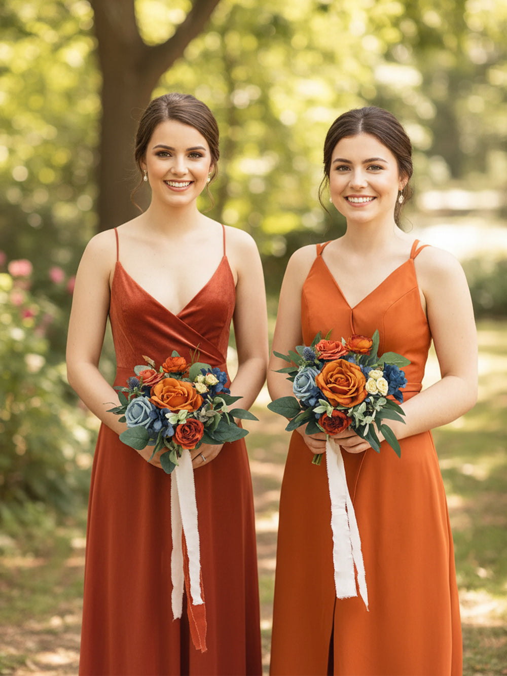 9.4 inch wide Navy Blue & Burnt Orange Bridesmaid Bouquet - Rinlong Flower