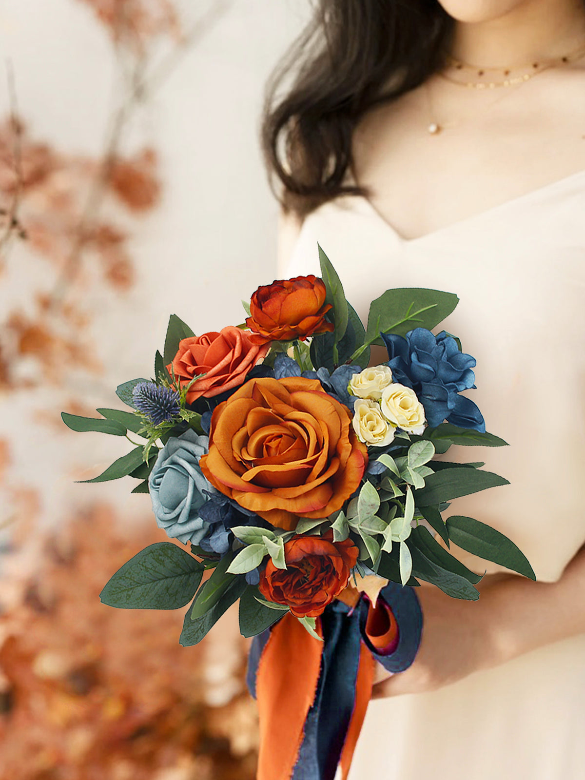 9.4 inch wide Navy Blue & Burnt Orange Bridesmaid Bouquet - Rinlong Flower