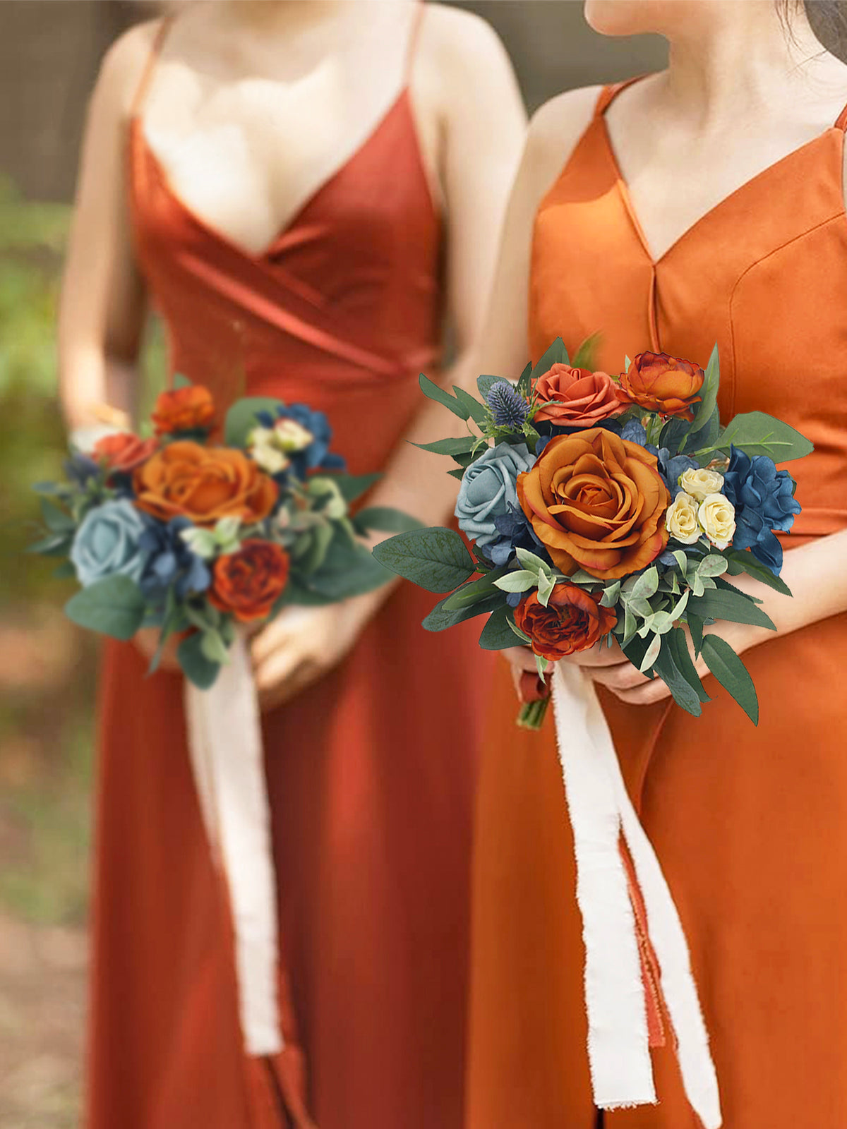 9.4 inch wide Navy Blue & Burnt Orange Bridesmaid Bouquet - Rinlong Flower