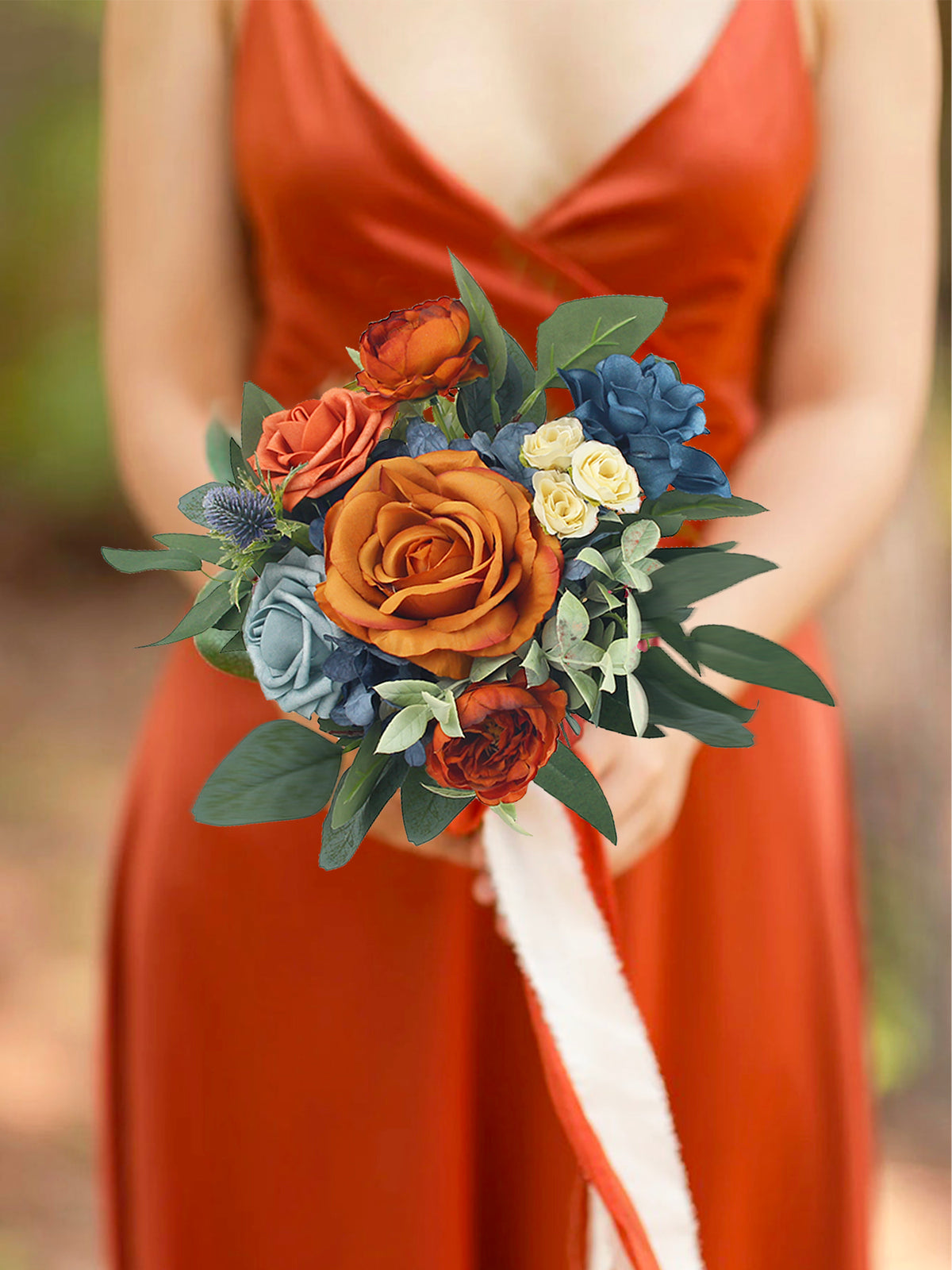 9.4 inch wide Navy Blue & Burnt Orange Bridesmaid Bouquet - Rinlong Flower
