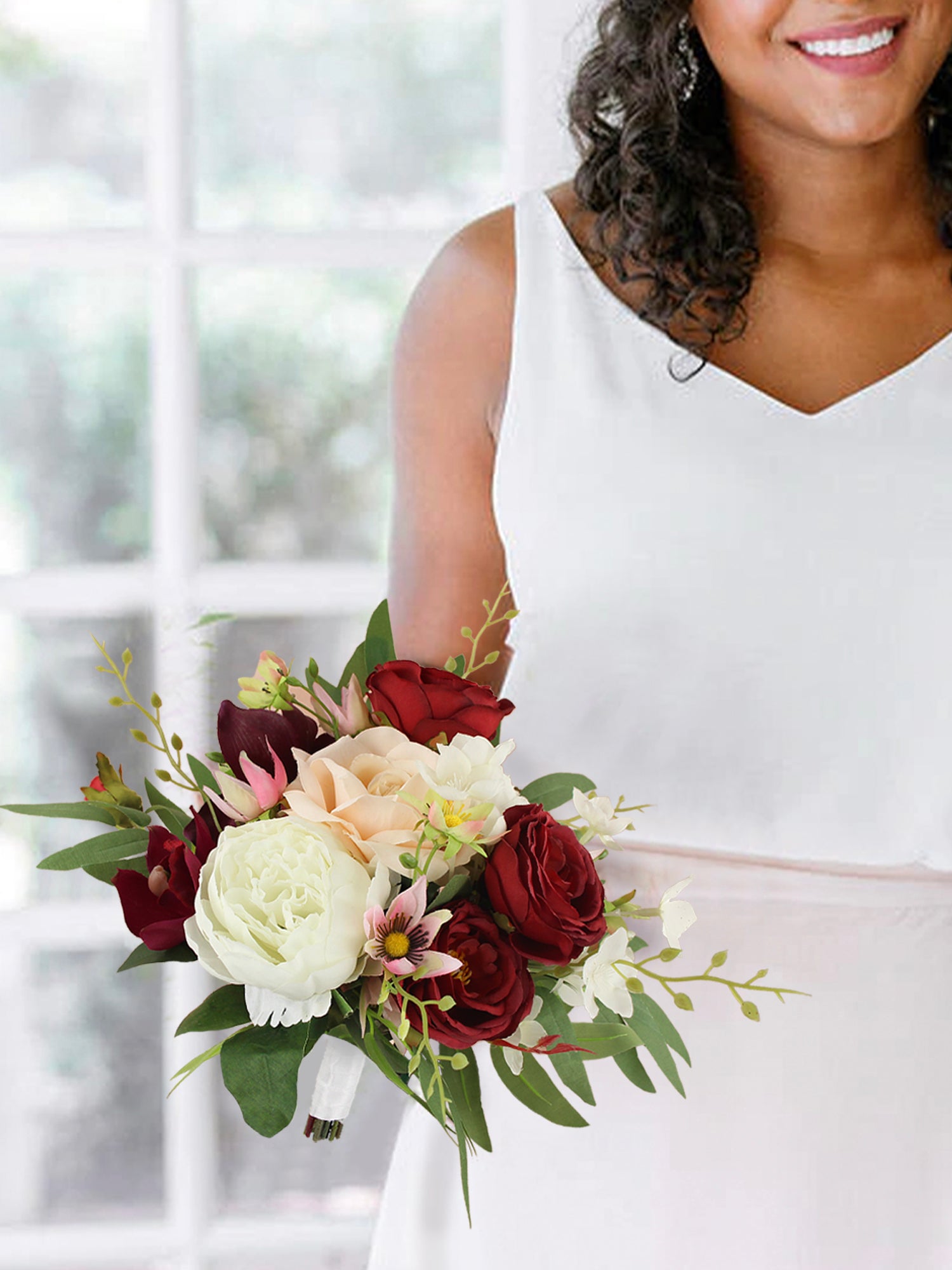 9.7 inch wide Marsala Red Bridesmaid Bouquet