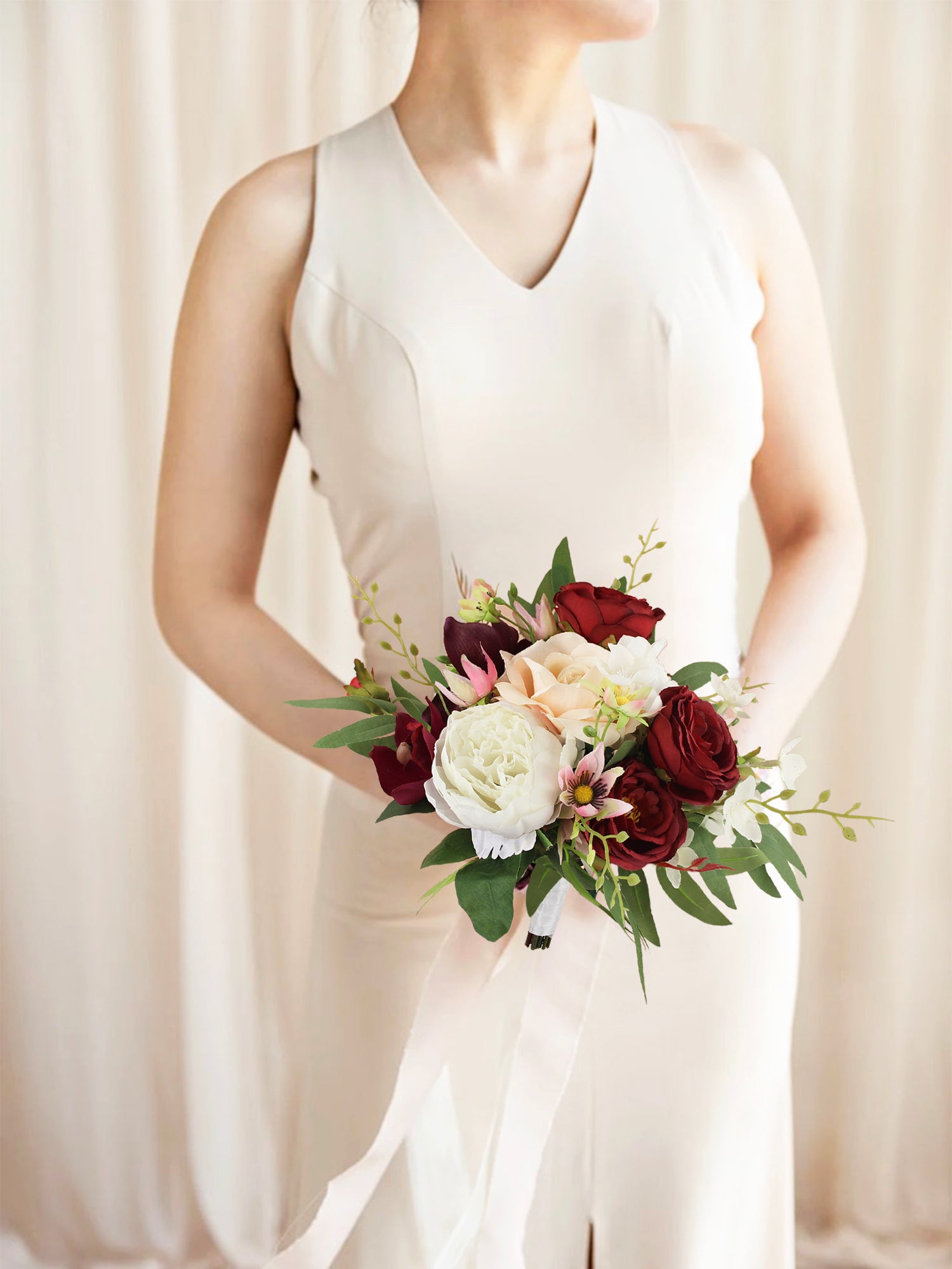 9.7 inch wide Marsala Red Bridesmaid Bouquet