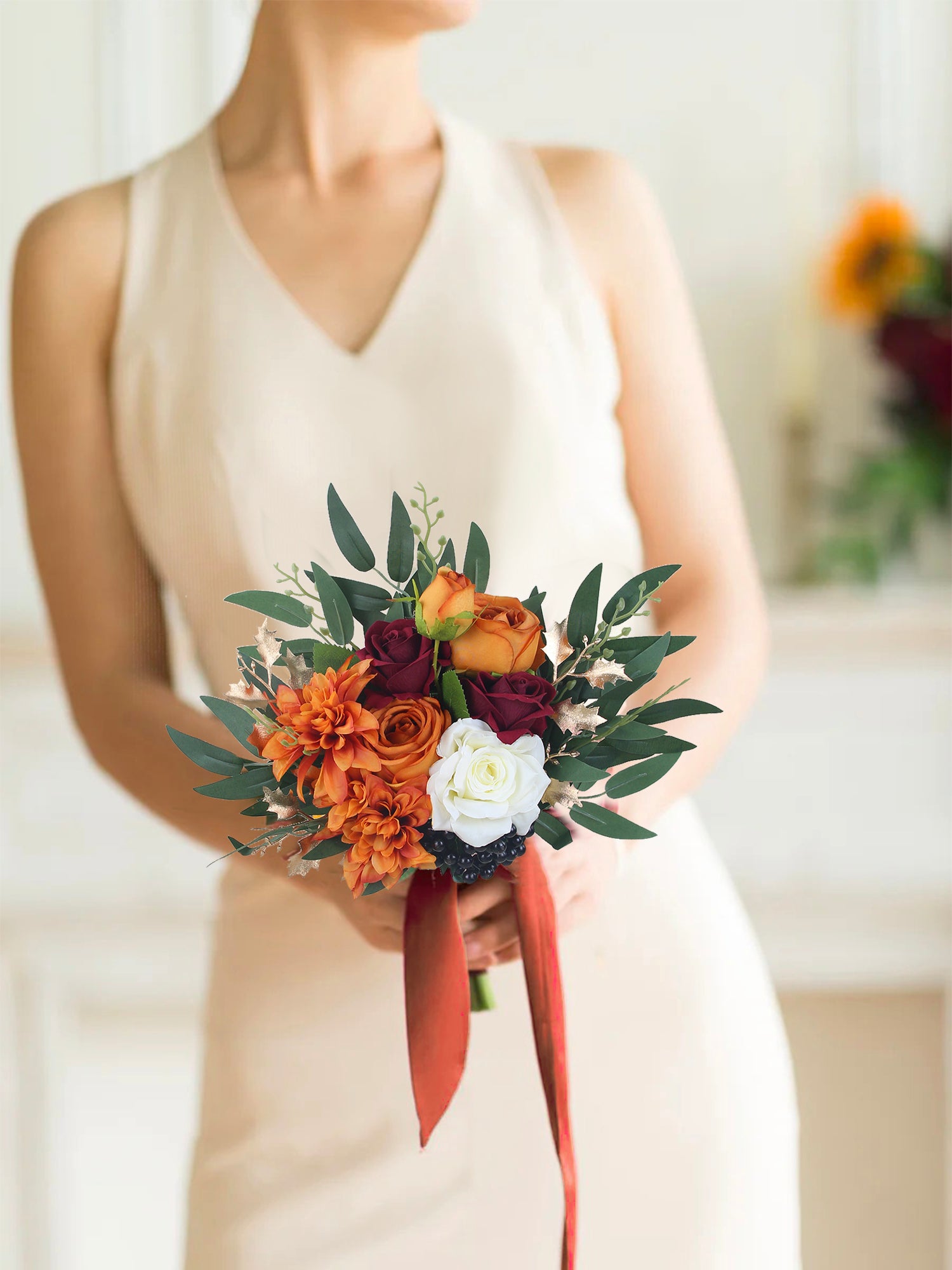 9.3 inch wide Burnt Orange Bridesmaid Bouquet