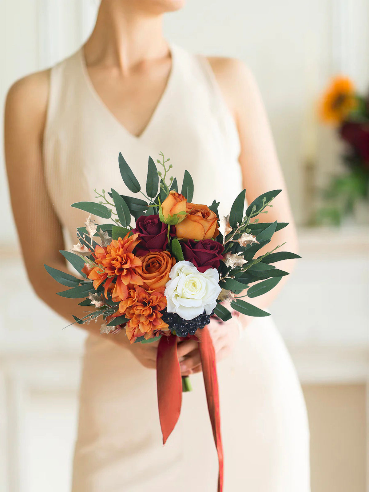 9.3 inch wide Burnt Orange Bridesmaid Bouquet - Rinlong Flower
