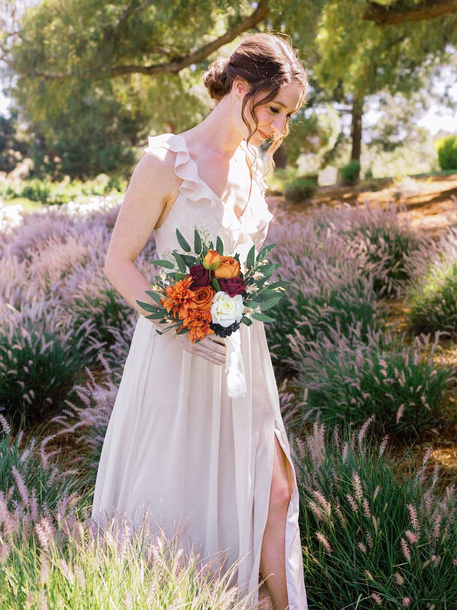 9.3 inch wide Burnt Orange Bridesmaid Bouquet - Rinlong Flower