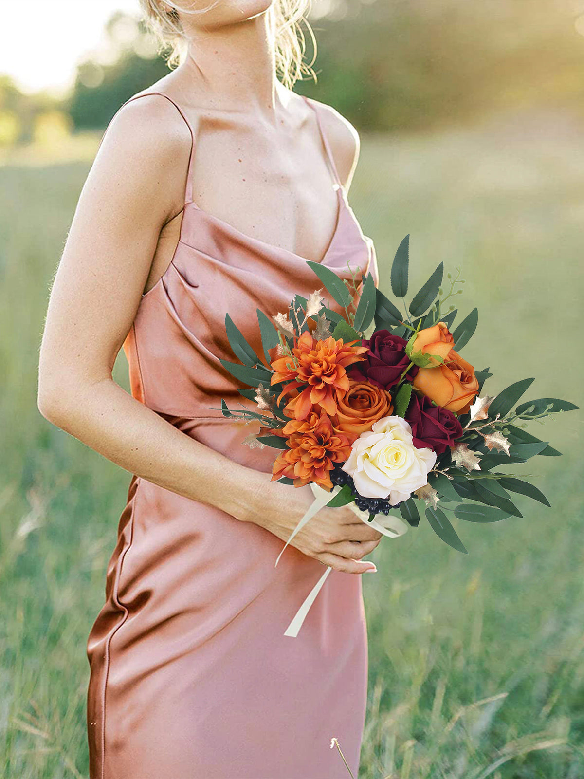 9.3 inch wide Burnt Orange Bridesmaid Bouquet - Rinlong Flower