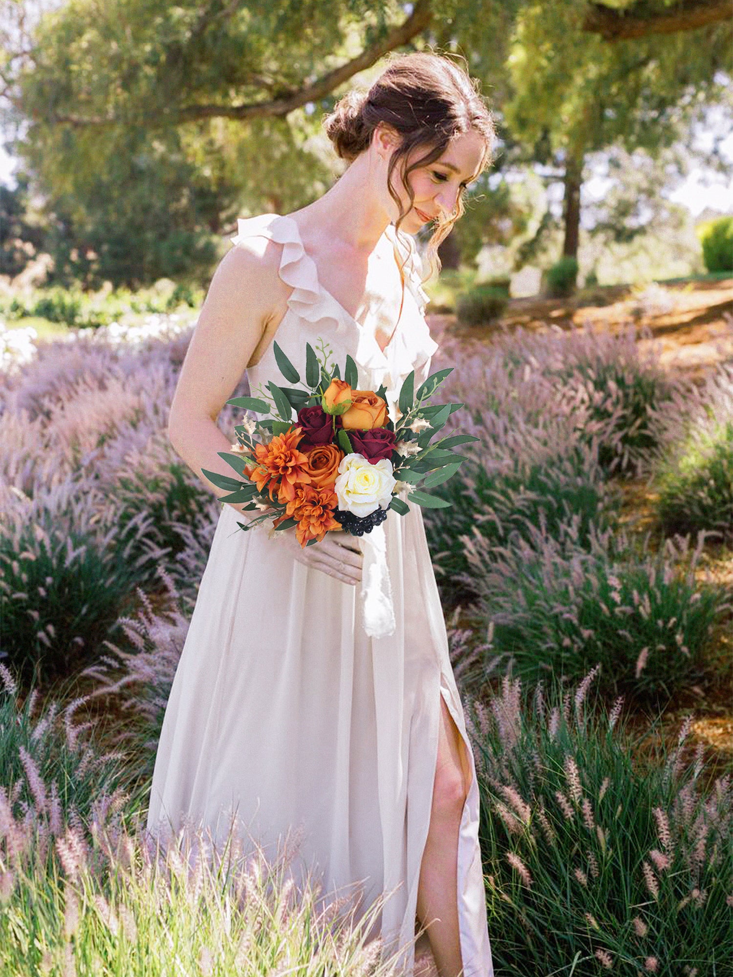 9.3 inch wide Burnt Orange Bridesmaid Bouquet - Rinlong Flower
