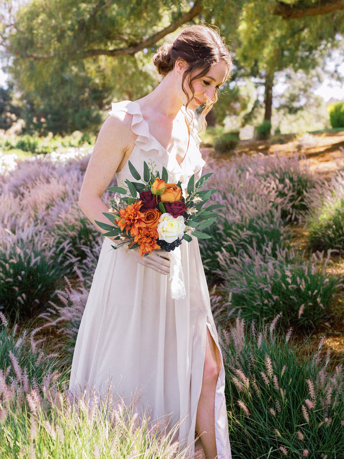 9.3 inch wide Burnt Orange Bridesmaid Bouquet - Rinlong Flower