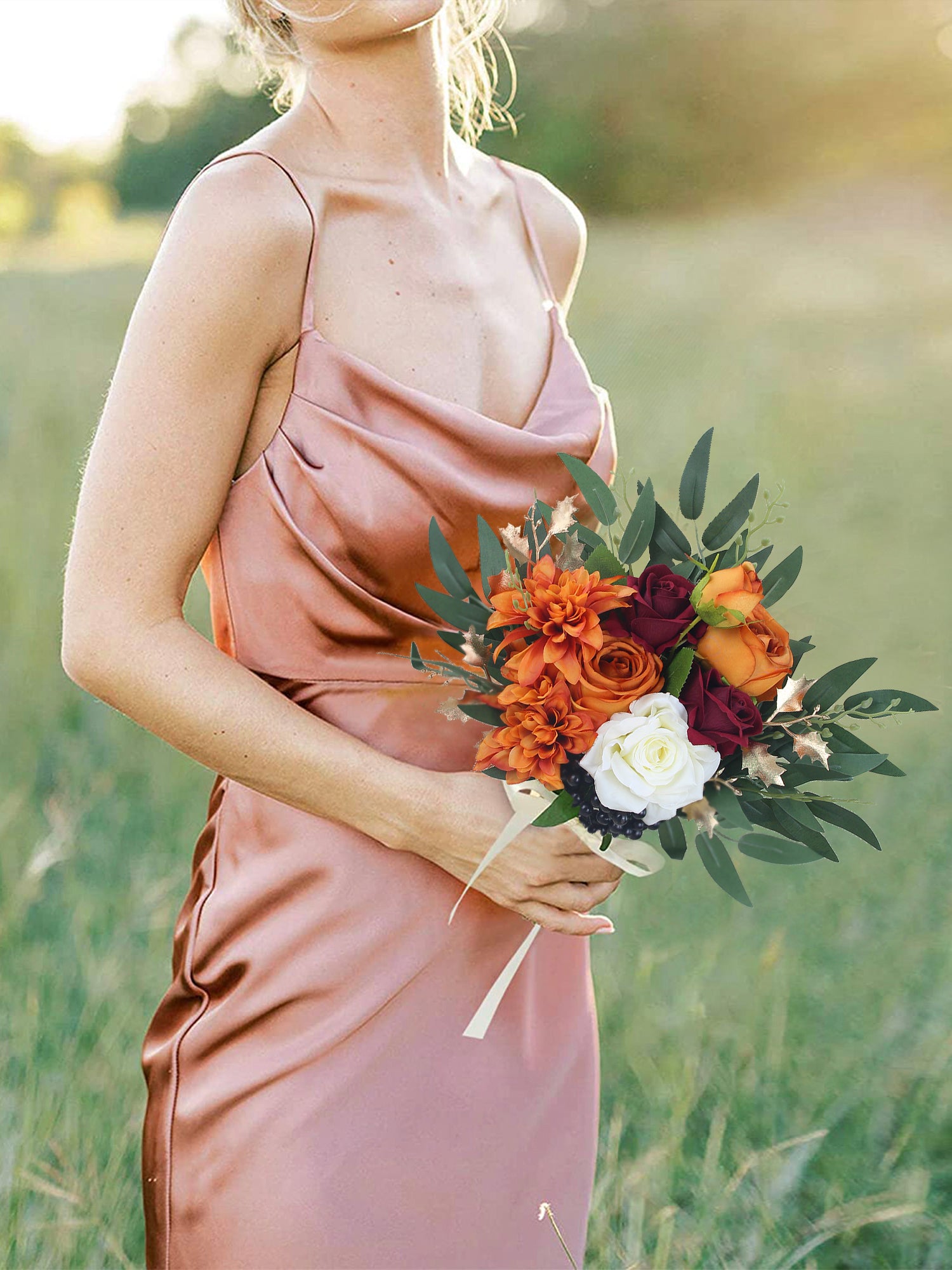 9.3 inch wide Burnt Orange Bridesmaid Bouquet-Rinlong Flower