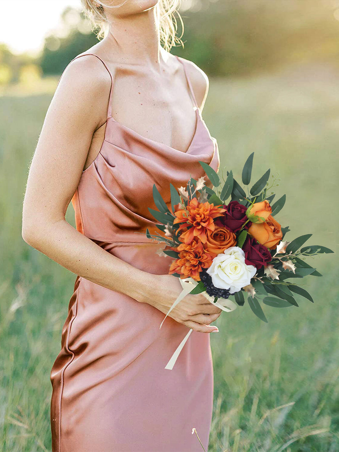 9.3 inch wide Burnt Orange Bridesmaid Bouquet-Rinlong Flower