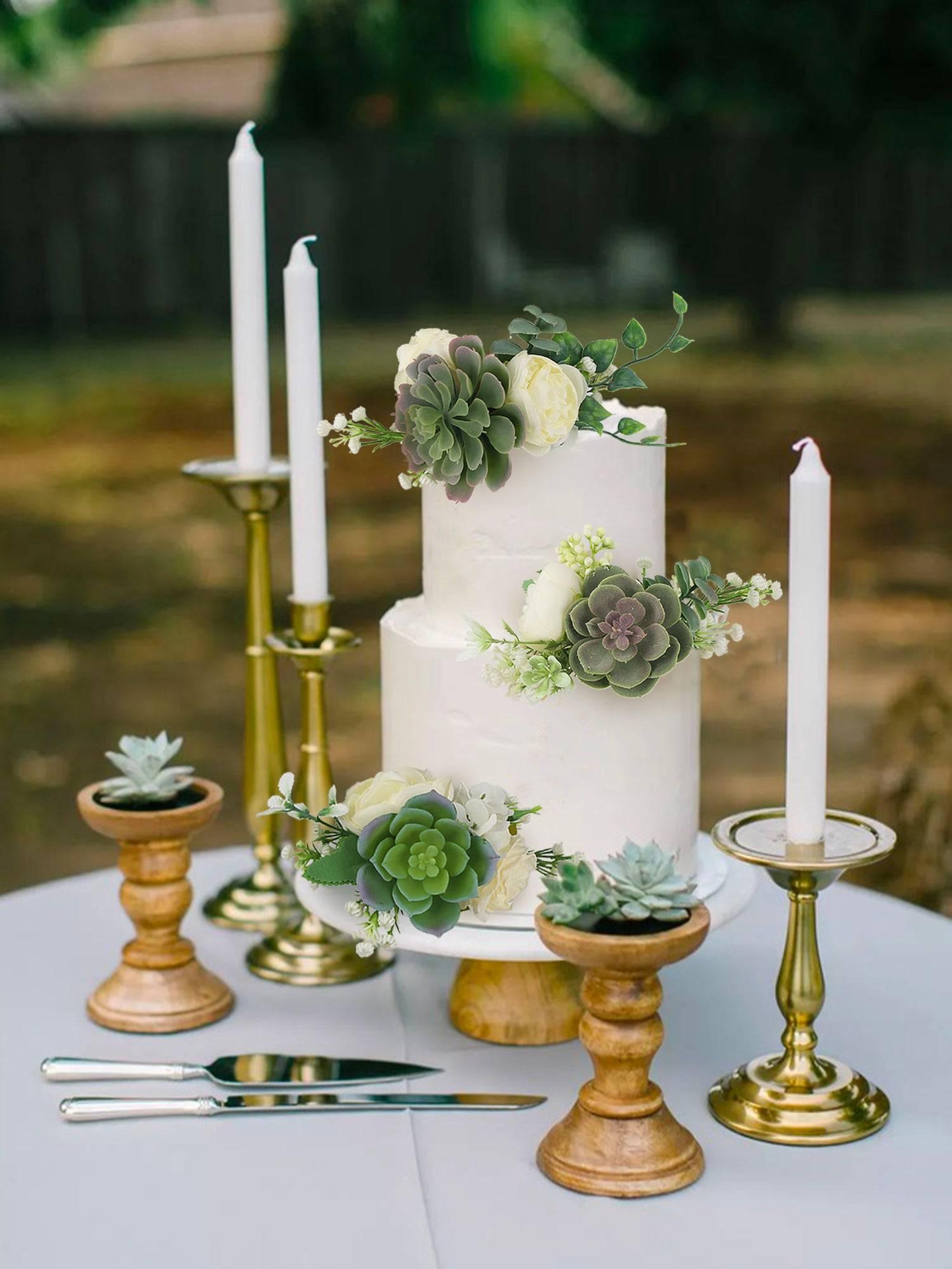 wedding cakes decorated with succulents Rinlong Pre-Made 3Pcs Faux Succulent Cake Decorating Flowers Cake Toppers Green Cake Decorations Wedding Birthday Baby Shower Sp