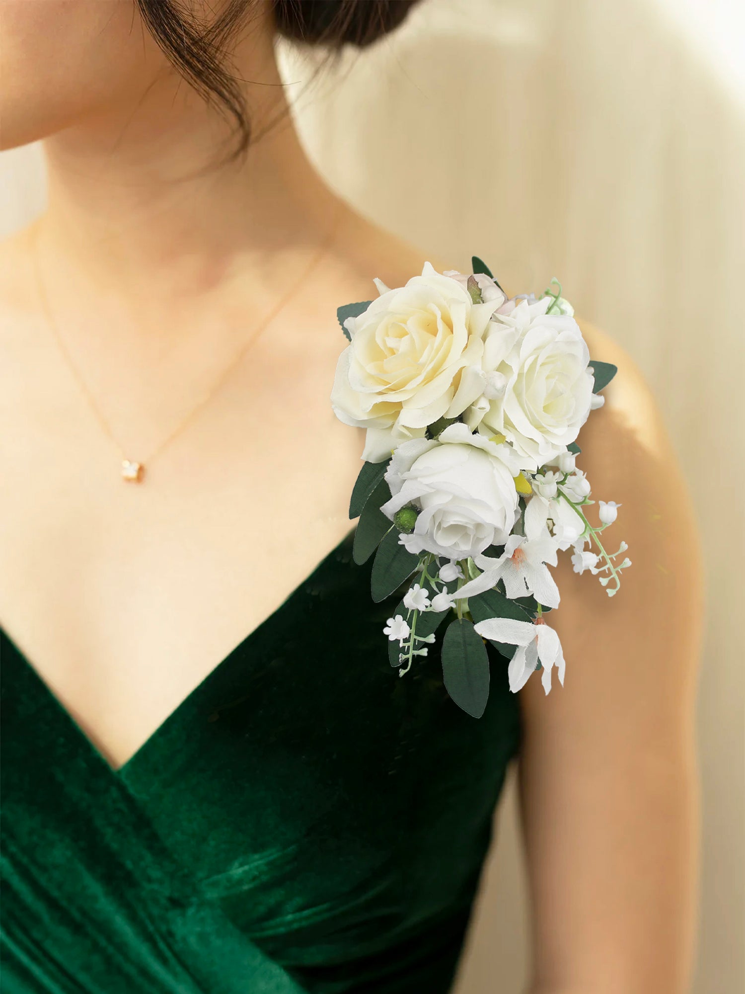White and Sage Shoulder Corsage