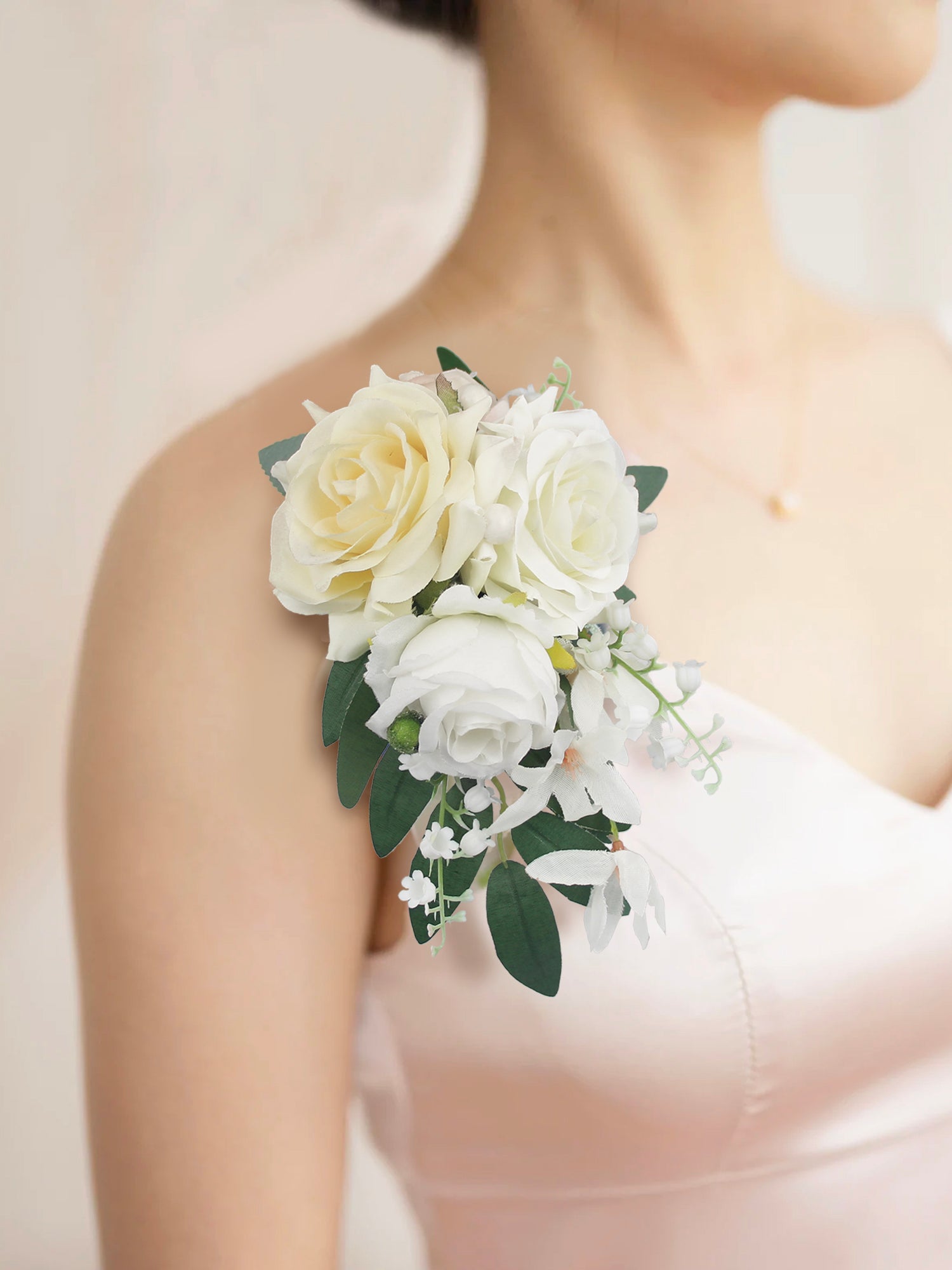 White and Sage Shoulder Corsage