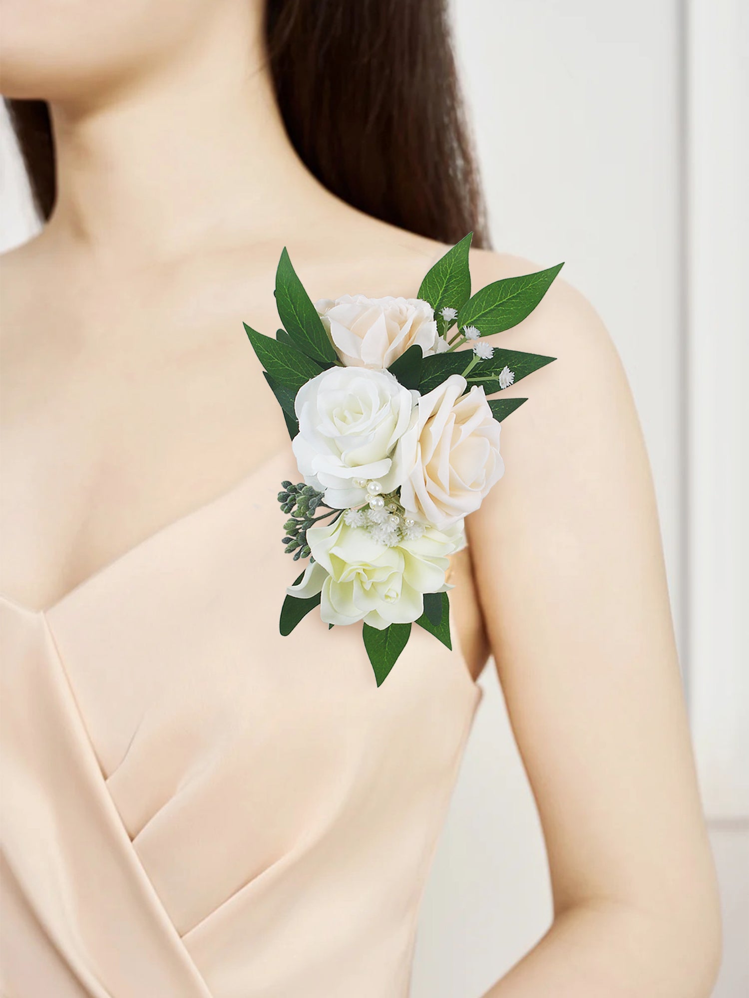 White & Champagne Shoulder Corsage