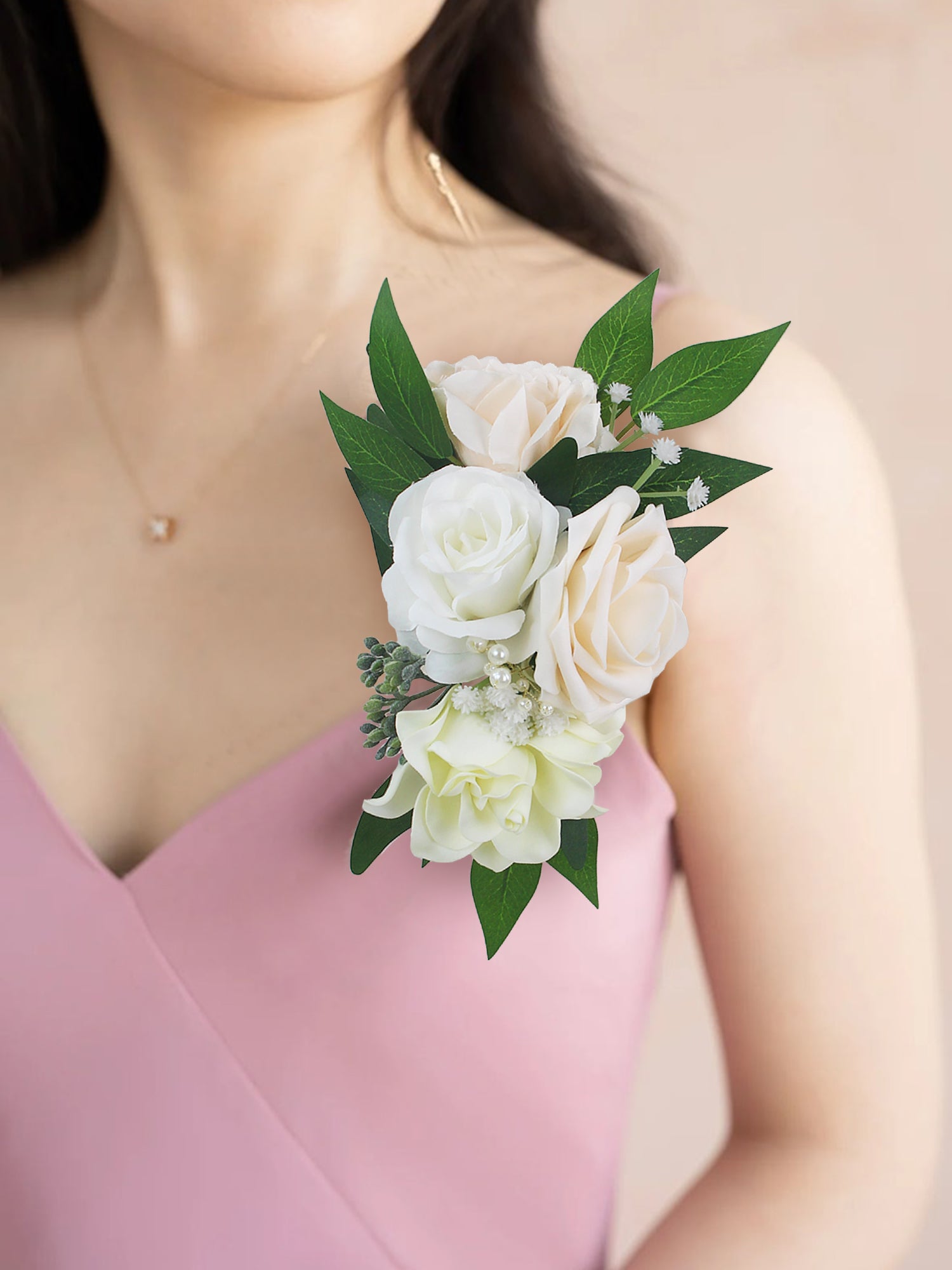 White & Champagne Shoulder Corsage