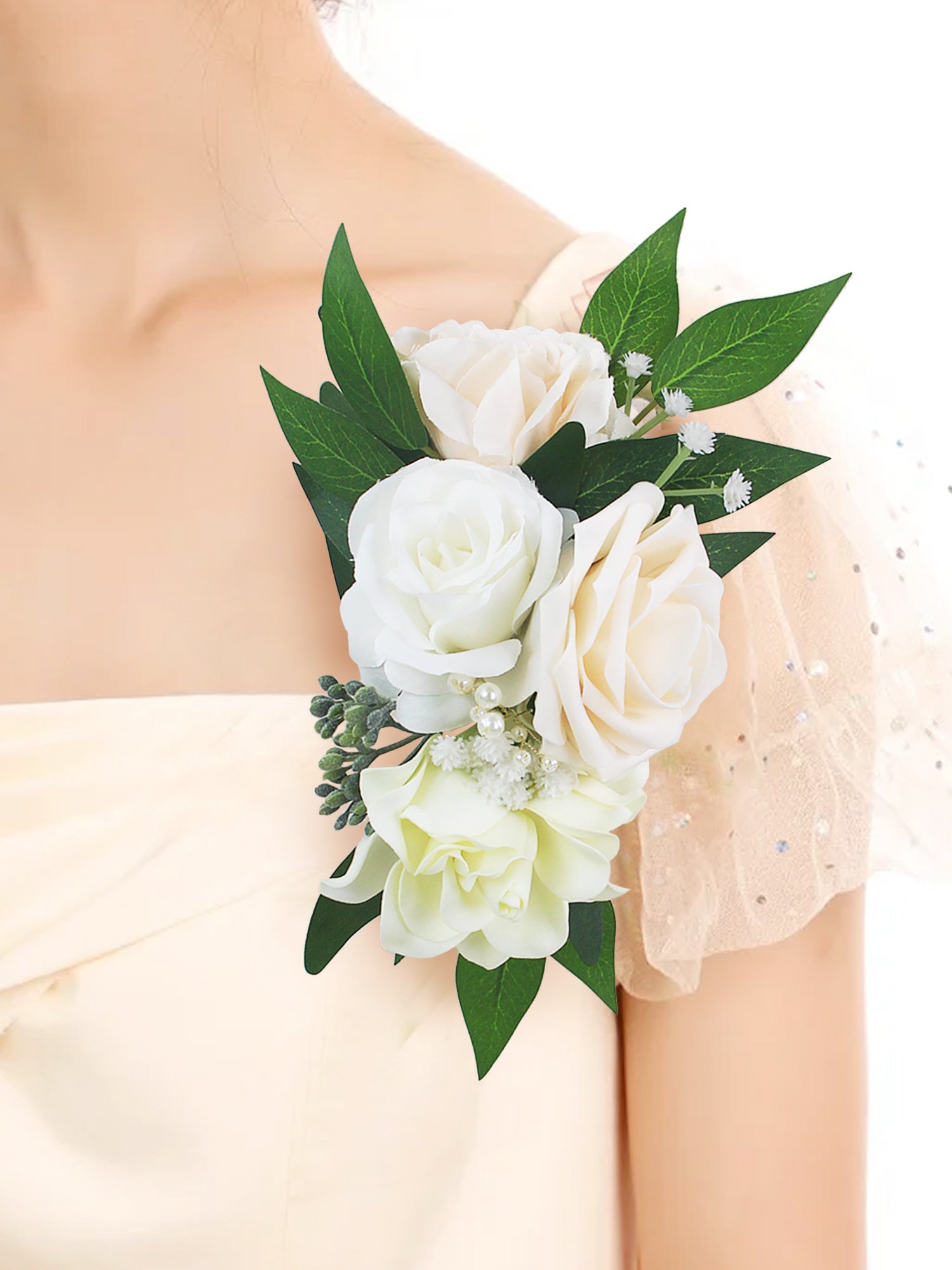 White & Champagne Shoulder Corsage