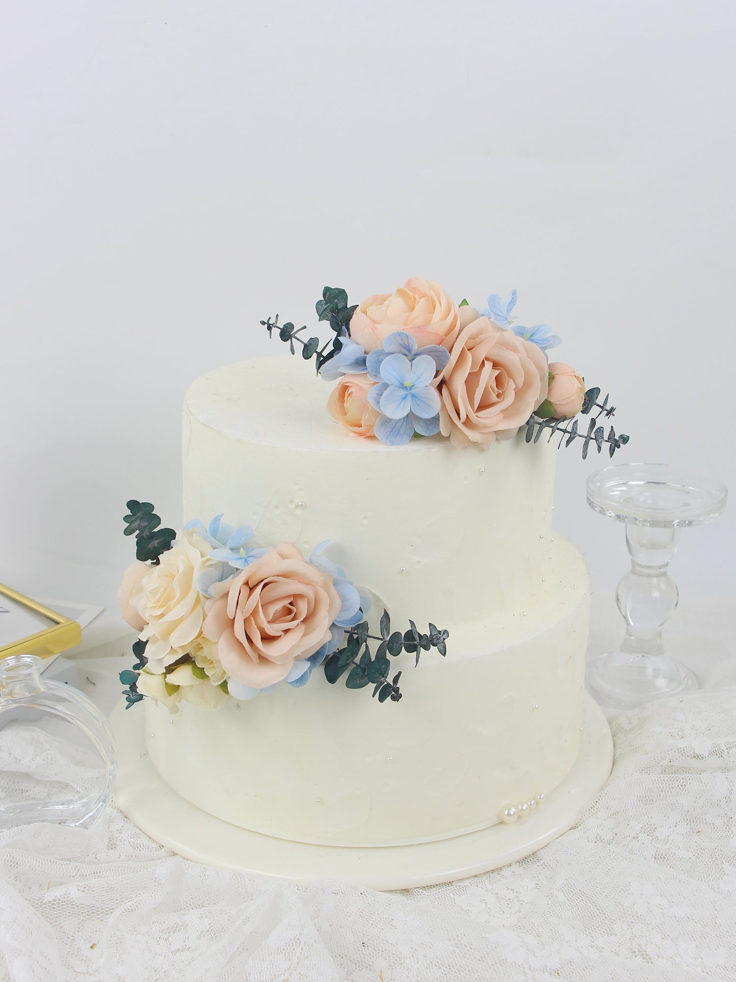 2Pcs Peach & Baby Blue Cake Topper Flowers Set - Rinlong Flower