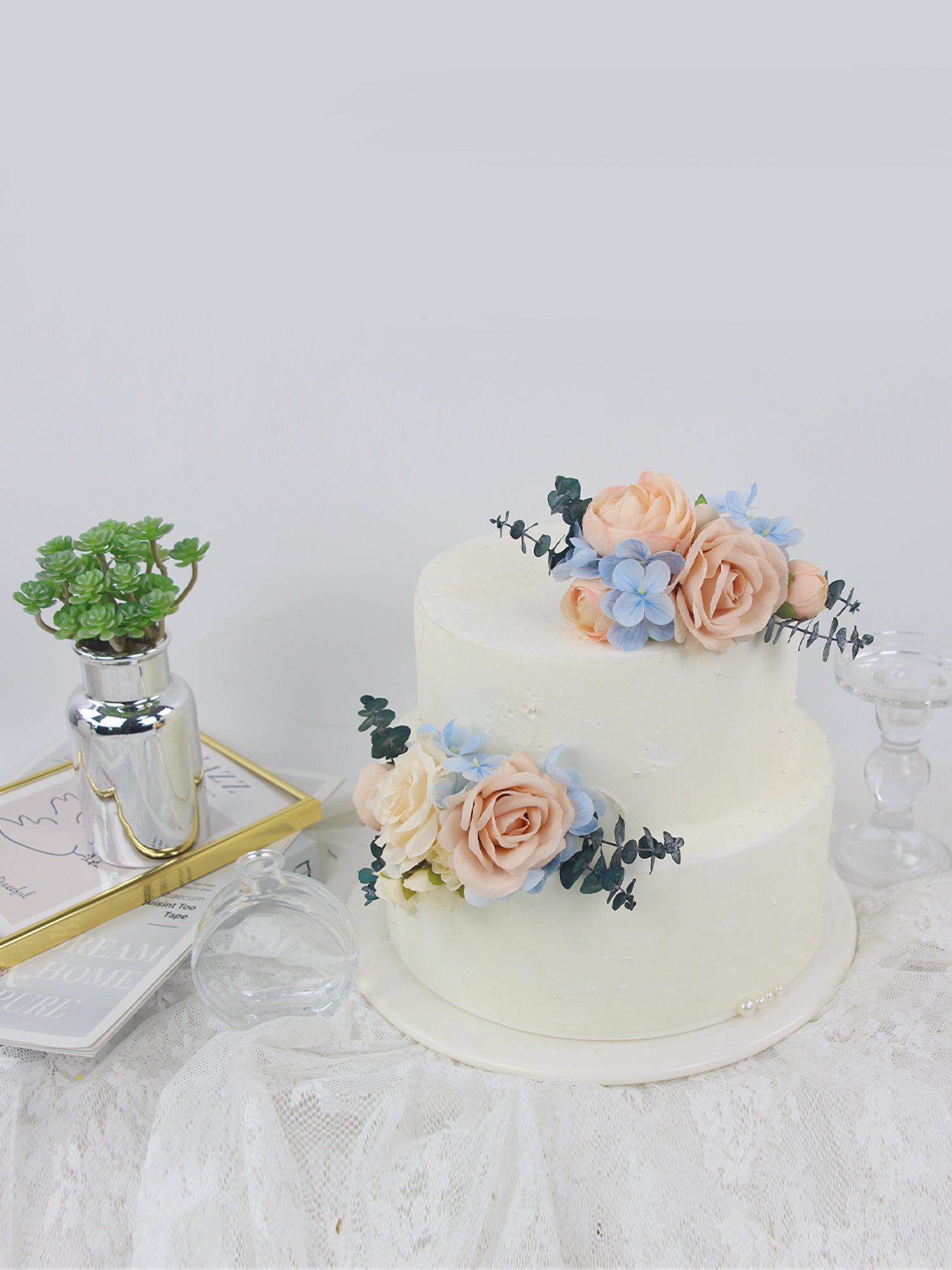 2Pcs Peach & Baby Blue Cake Topper Flowers Set - Rinlong Flower