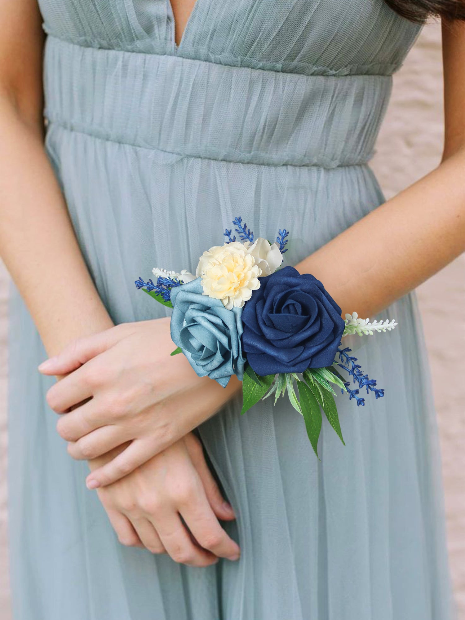 corsage for navy blue dress Navy Blue & Champagne Corsage Wrist Bridesmaid – Rinlong Flower