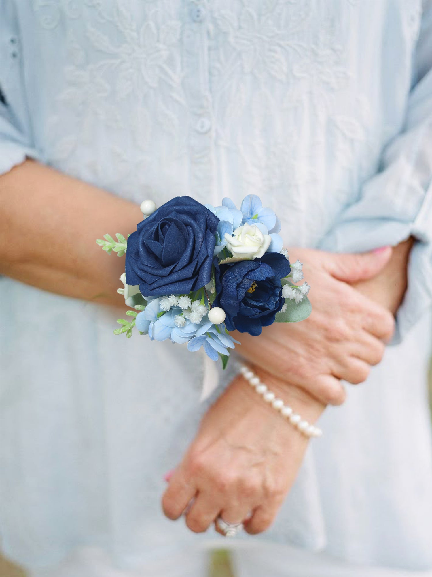 Navy Blue Rose & Hydrangea Wrist Corsage - Rinlong Flower