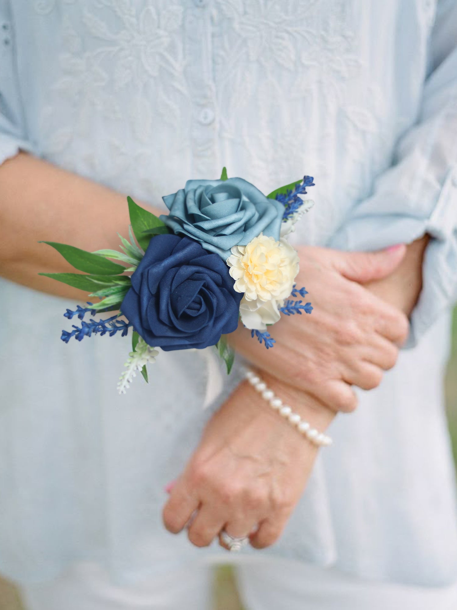 Navy Blue & Champagne Wrist Corsage - Rinlong Flower