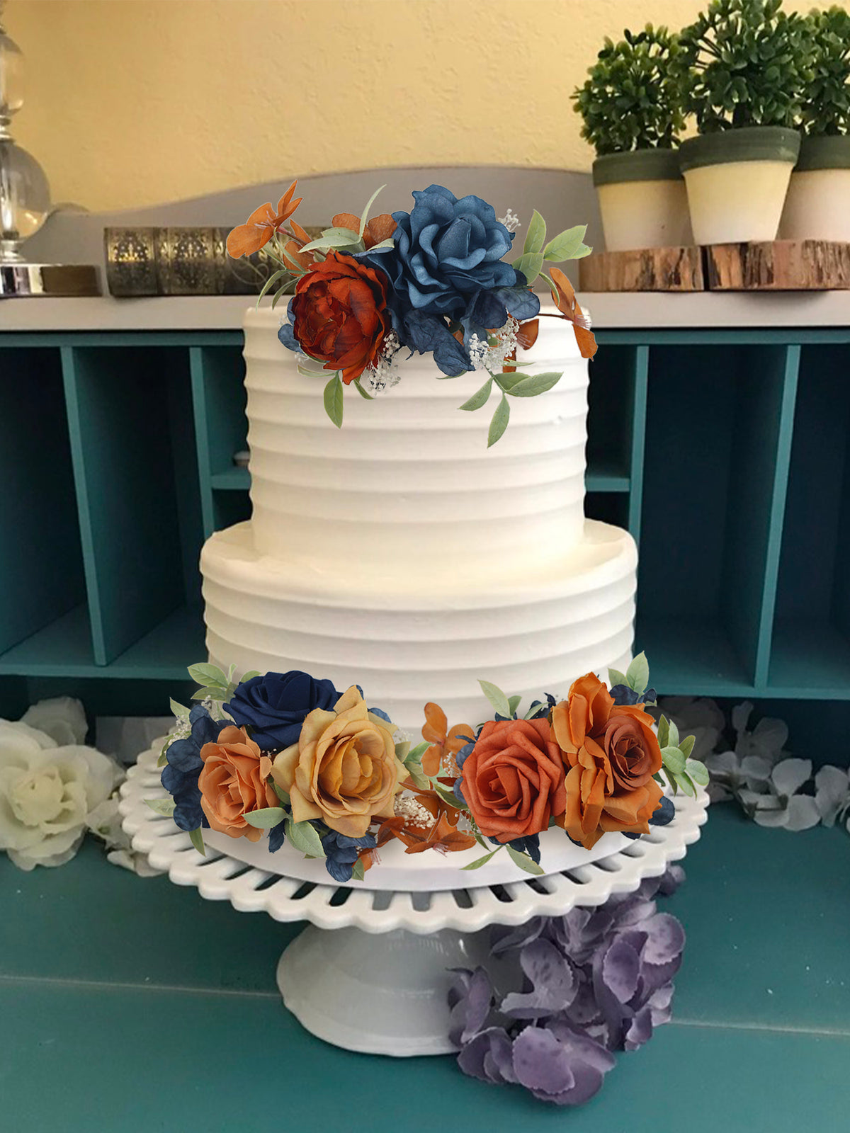 3Pcs Navy Blue & Terracotta Cake Flowers - Rinlong Flower