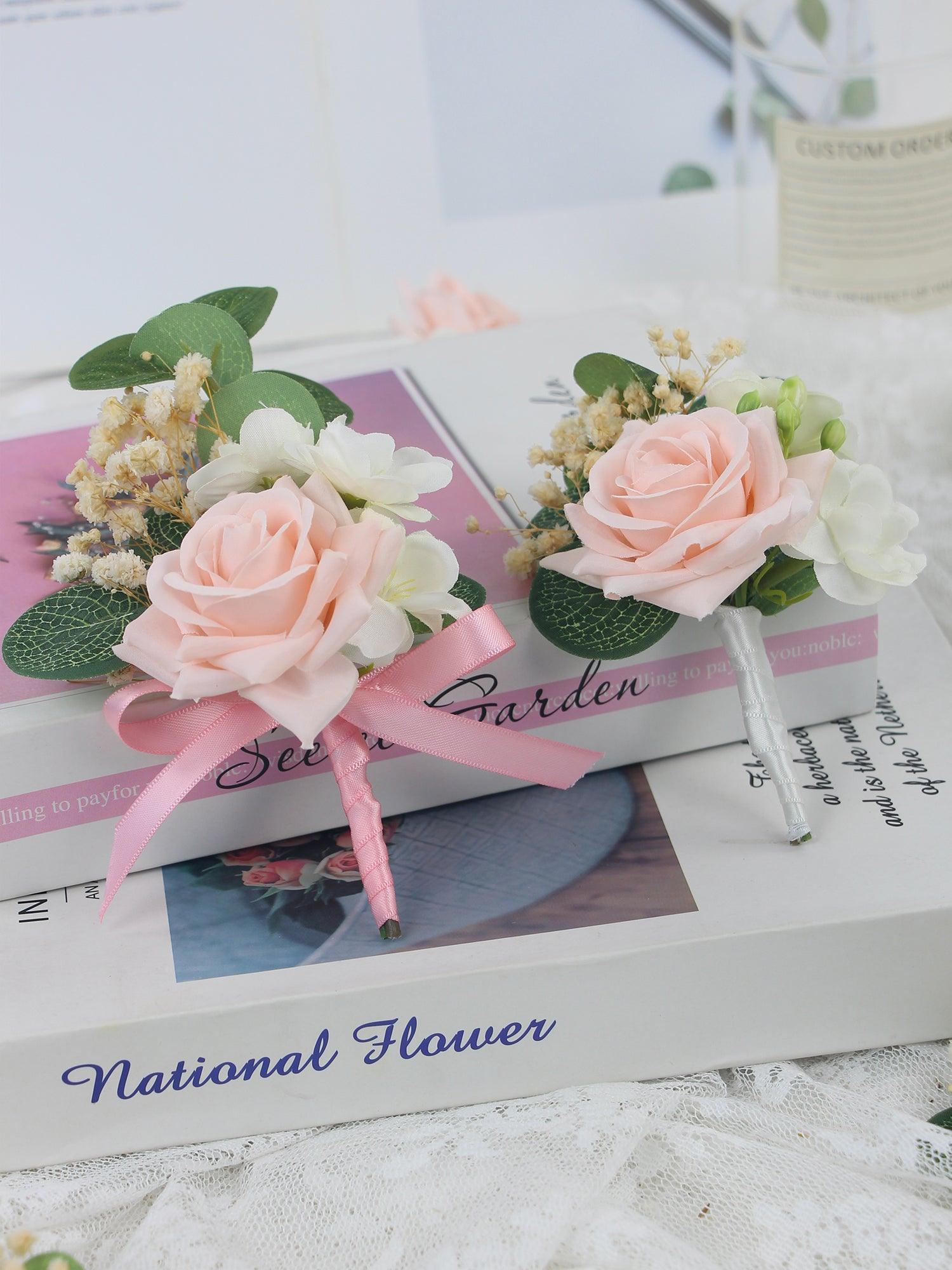 6Pcs Blush Pink & White Boutonnieres - Rinlong Flower